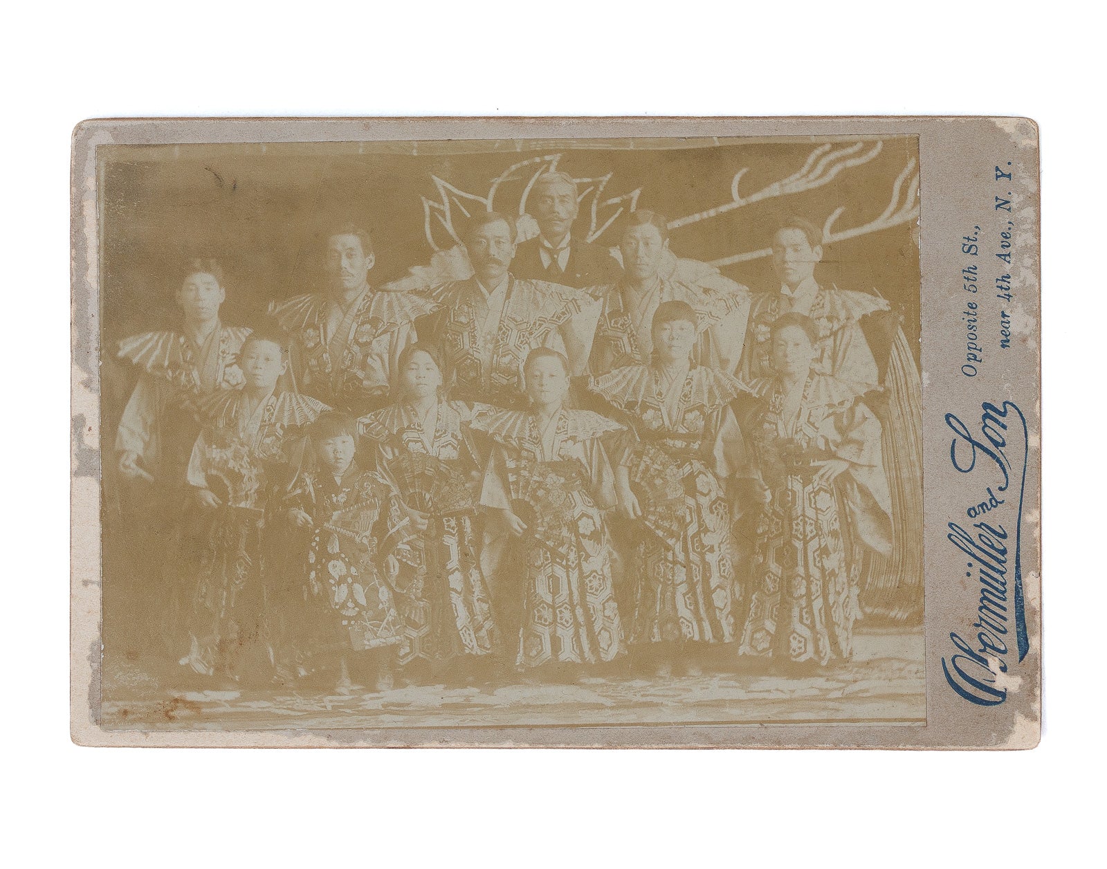 <center> Japanese Troupe <br><i> Obermiller and Son in New York </i><br> Cabinet Card Albumen Photograph <p> circa 1900 </center>