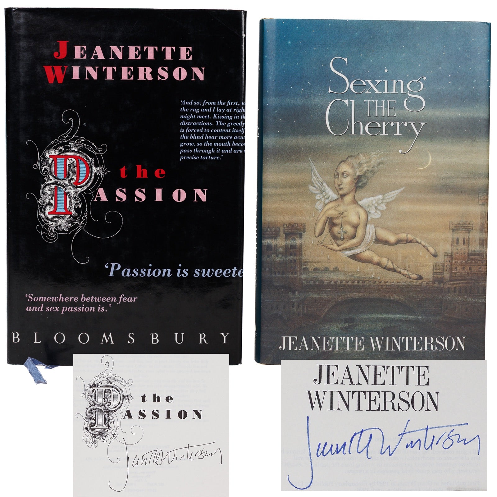 Jeanette Winterson The Passion & Sexing the Cherry — 2 signed first editions, 1987 & 1990, group view