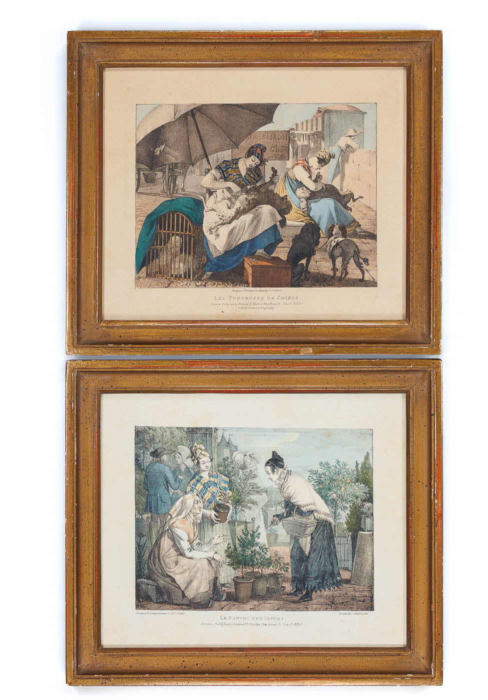 <center> John James J.J. CHALON <p><i> Original Hand Coloured Stone Lithographs </i><br> Tondeuses de Chiens (1820) <i>&</i> Marche aux Fleurs (1821) </center>