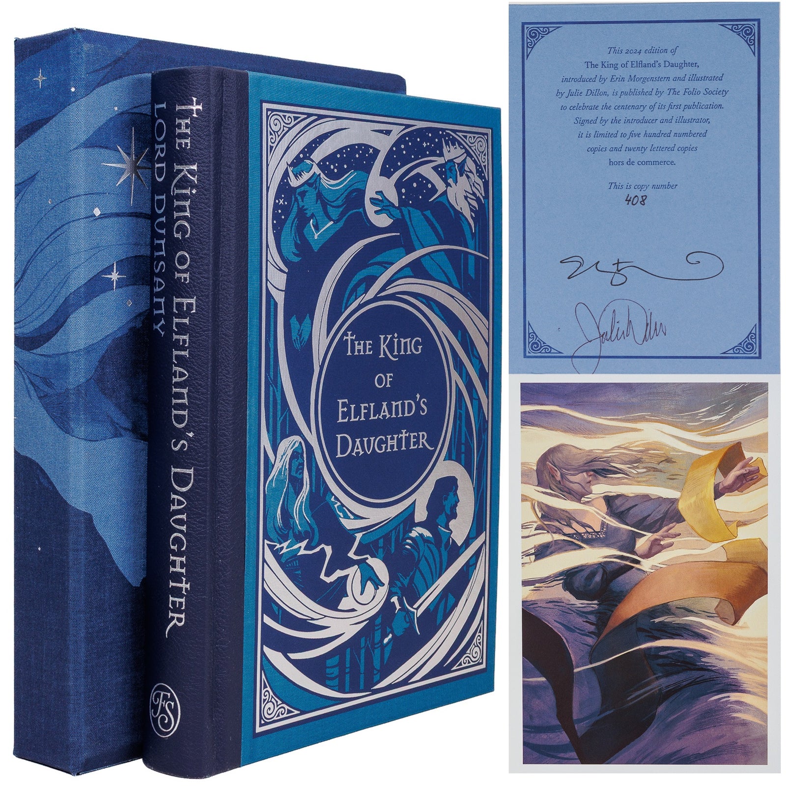 The King of Elfland's Daughter by Lord Dunsany, Folio Society 2024, montage of binding, slipcase, signed limitation and illustration.
