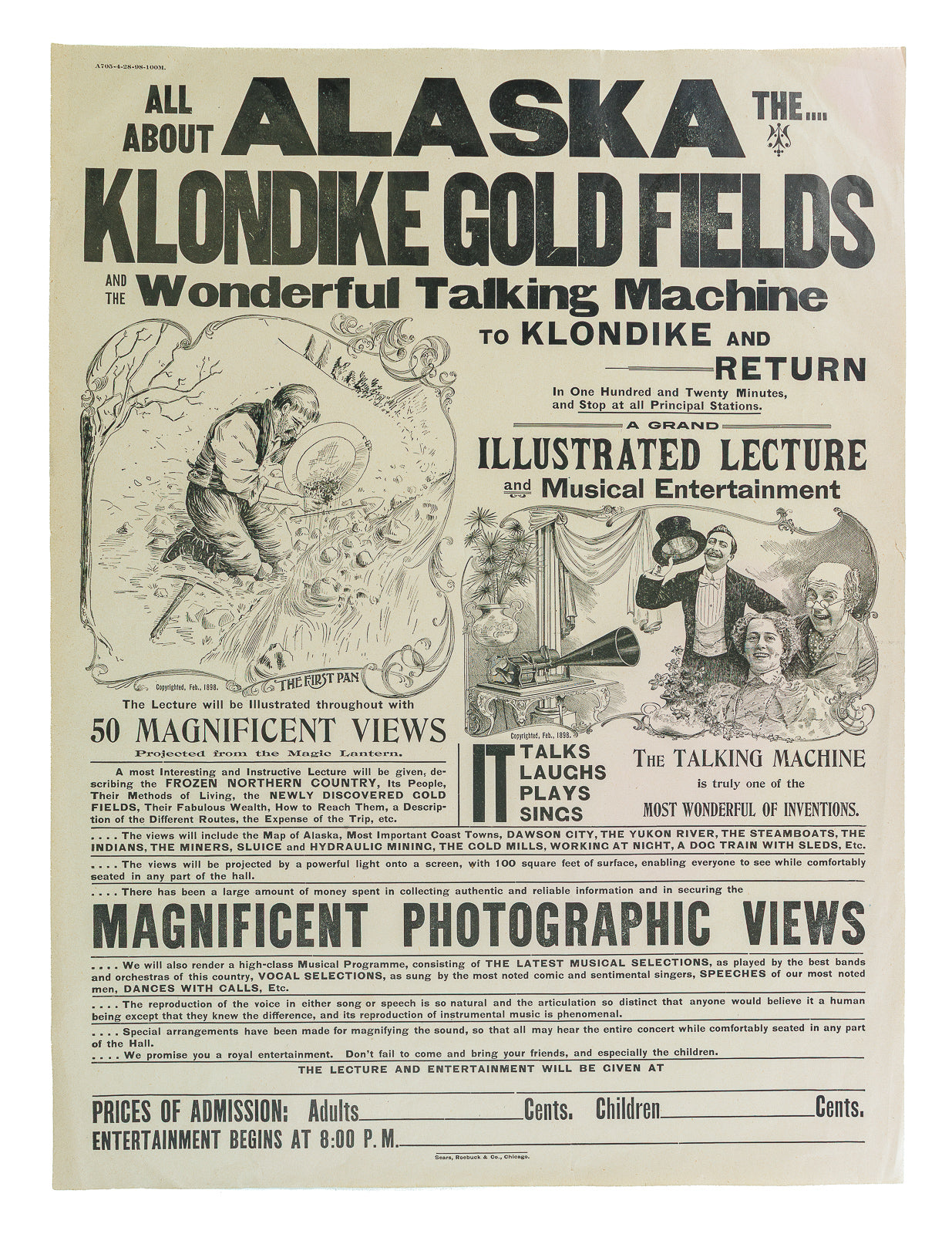 <center> 1898 <br><i> ALASKA KLONDIKE GOLD FIELDS and THE WONDERFUL TALKING MACHINE </i><br> Sears Roebuck <p> Rare Original Broadside Poster </center>