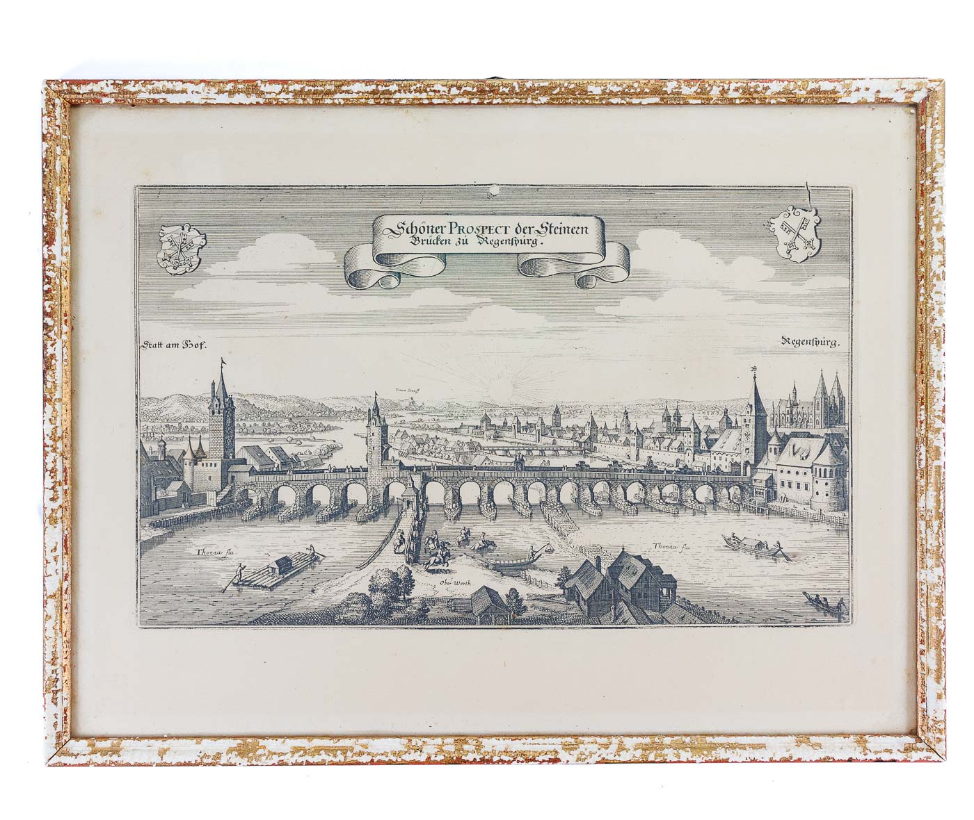 <center> Matthäus Merian I <br><i> Schöner Prospect der Regensburg Germany </i><br> Etching from Topographia Germaniae <br><i> with TYPED LETTER to Director of </i><br> WOLFSBURG VOLKSWAGEN <p> 1644 </center>