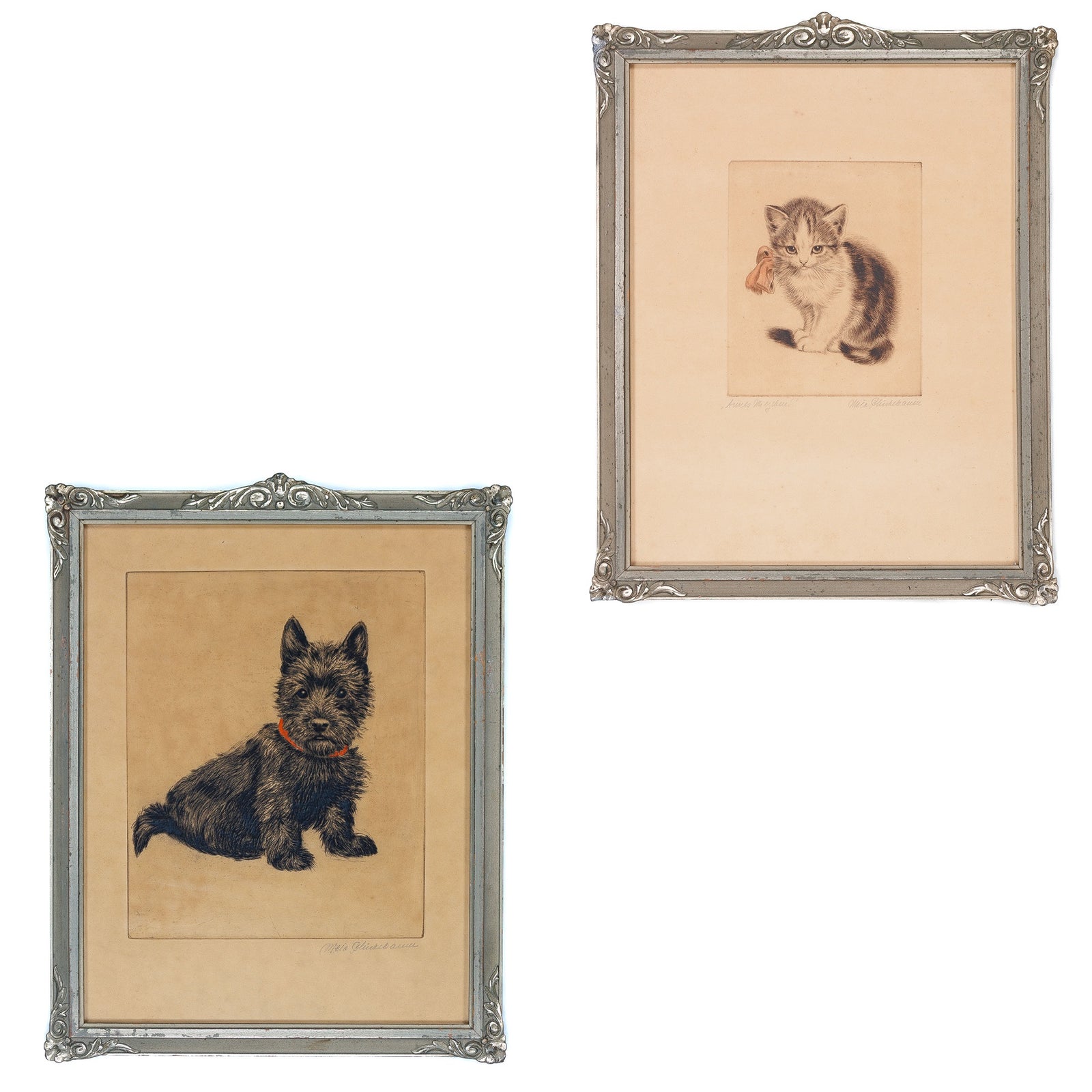 <center> Meta Pluckebaum <br><i> Kitten + Dog </i><br> Pair of Signed Original ETCHINGS <br><i> Art Deco Frames </i><p> 1930 </center>