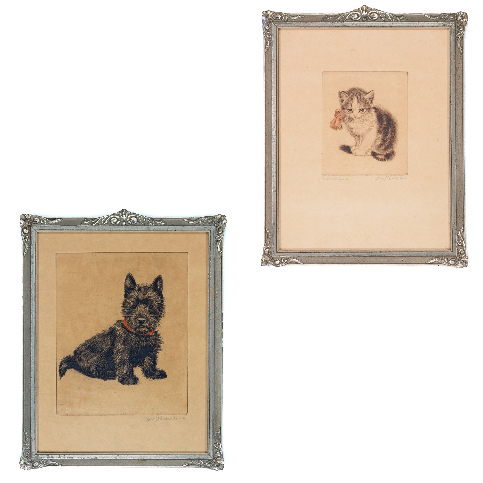 <center> Meta Pluckebaum <br><i> Kitten + Dog </i><br> Pair of Signed Original ETCHINGS <br><i> Art Deco Frames </i><p> 1930 </center>