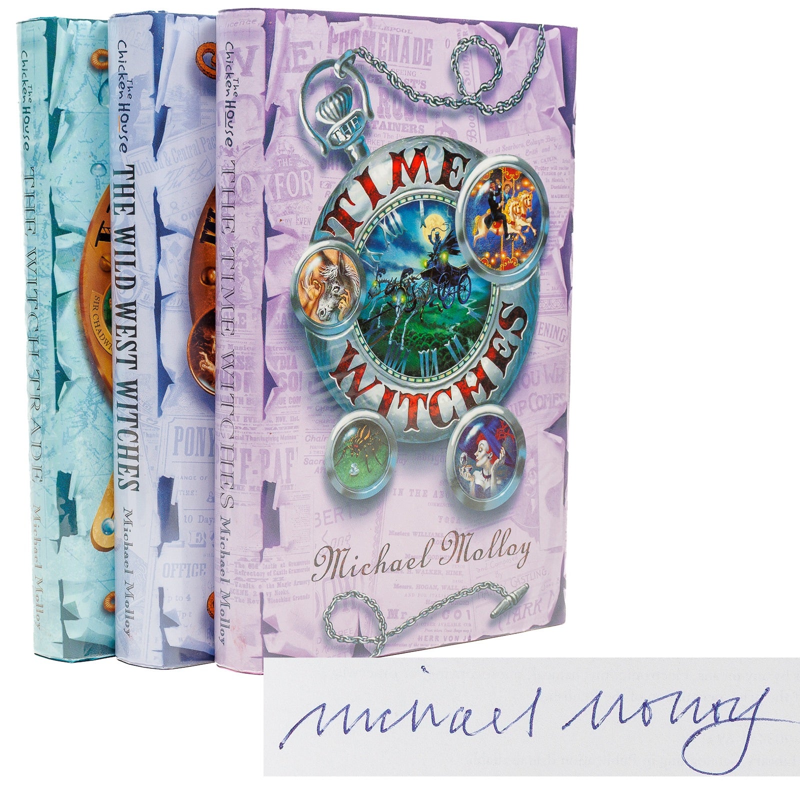 Michael Molloy Witch Trade trilogy — 3 signed first editions, Chicken House 2001–2003, group view
