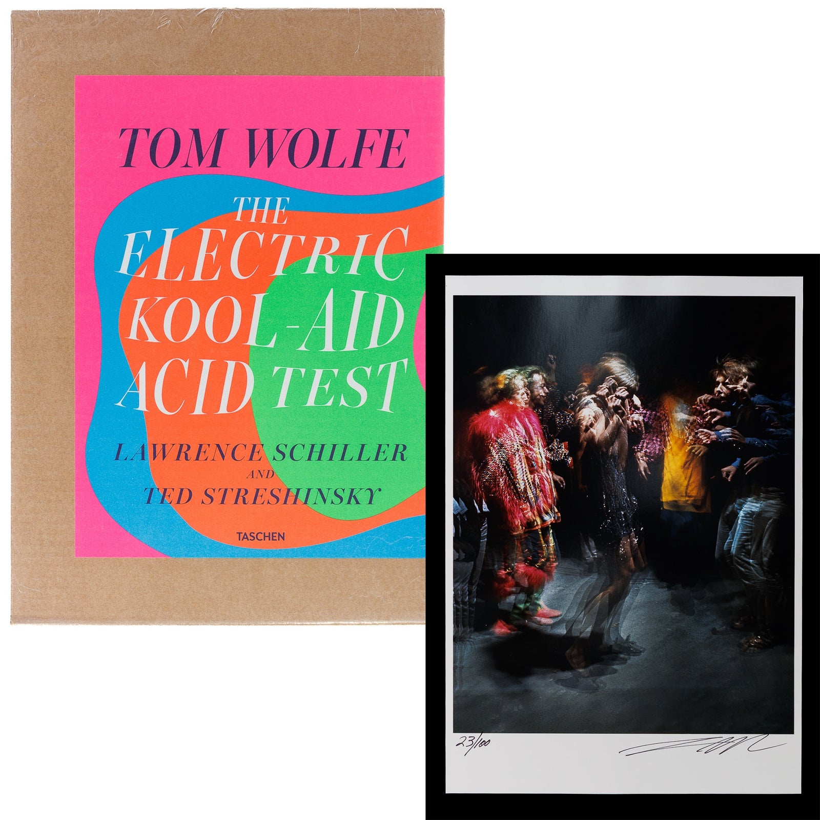 <center> Tom Wolfe <br><i> The Electric Kool-Aid Acid Test </i><br> LIMITED ART EDITION 1 of 100 <br><i> Signed Original by Lawrence Schiller </i><br> Brand New and Sealed <p> TASCHEN </center>