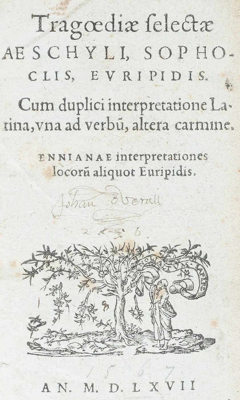 <center> 1567 <br><i> TRAGOEDIAE SELECTAE </i><br> Aeschylus + Sophocles + Euripides <br><i>  Aeschyli, Sophoclis, Euripidis </i><p> Henricum Stephanus (Henri Etienne) </center>