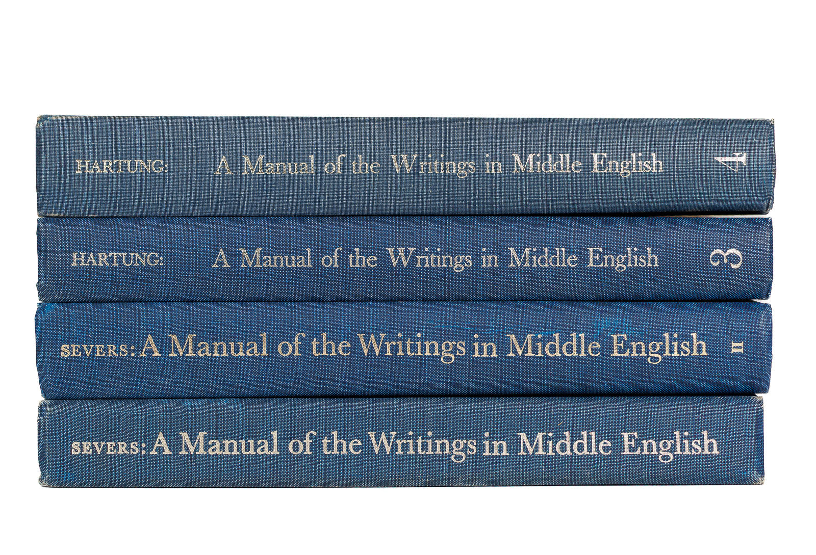 <center> Hartung + Severs <br><i> A Manual of the Writing in Middle English </i><br> 4 volumes <br><i> Connecticut Academy of Arts and Sciences </i><p> 1967 , 1970 , 1972 , 1973 </center>