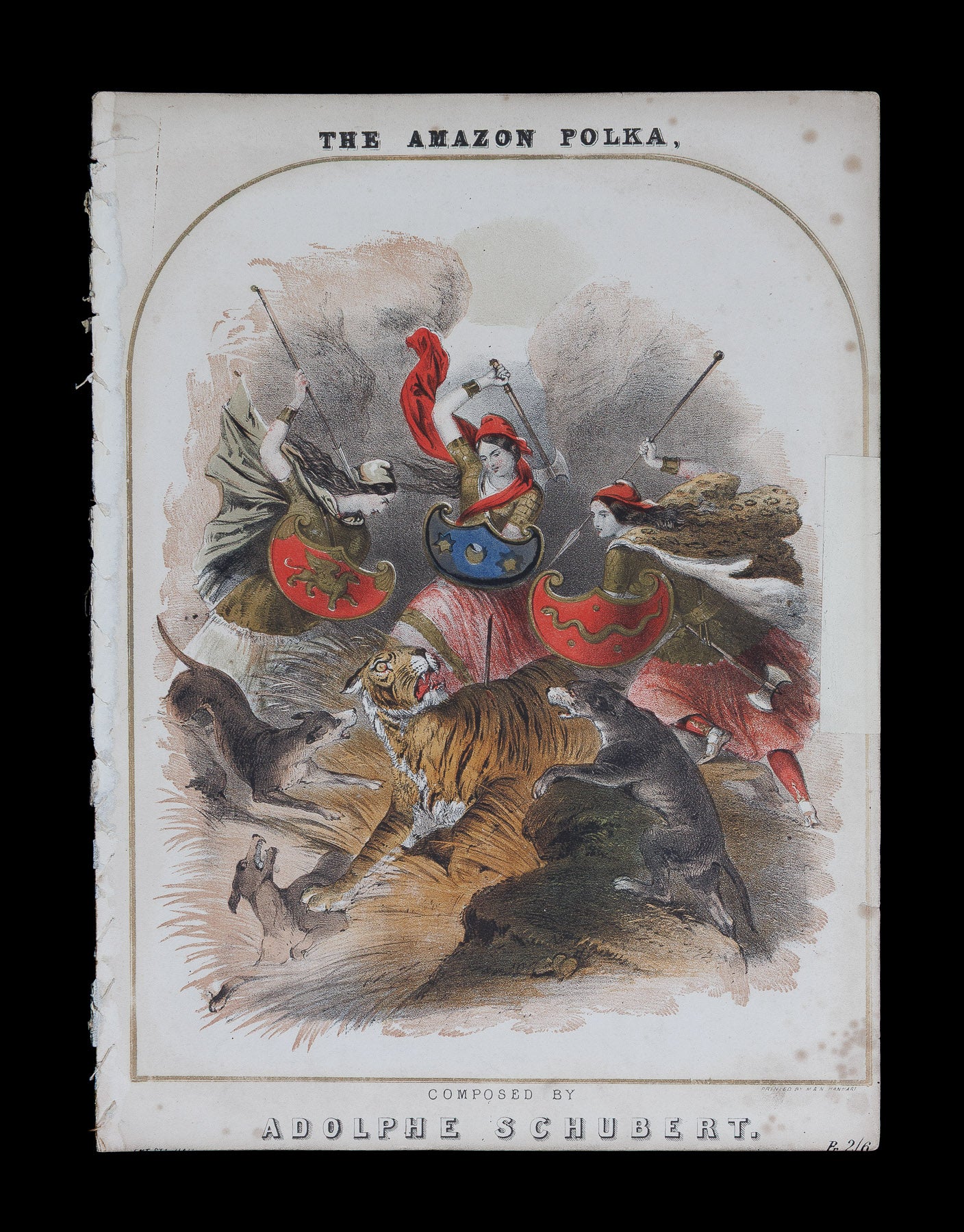 <center> Adolphe Schubert <br><i> THE AMAZON POLKA </i><br> Scarce Sheet Music <br><i> Beautiful Cover Art </i><p> 1850 </center>