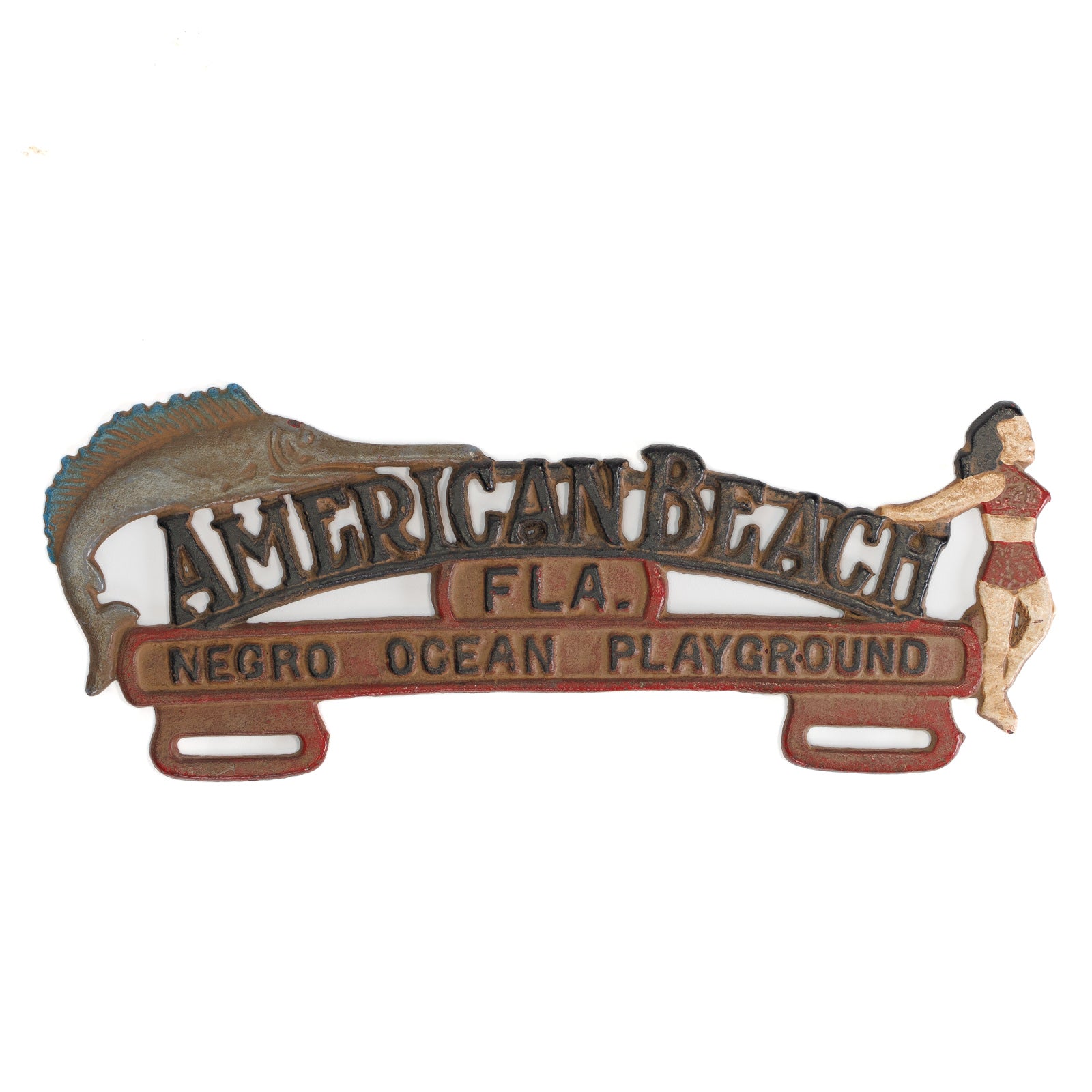 <center> American Beach Florida <br><i> NEGRO OCEAN PLAYGROUND </i><br> Cast Iron License Plate Topper <p> 1930 </center>