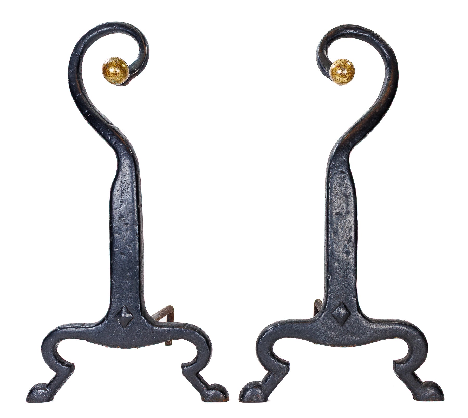 <center>  Arts and Crafts / Mission <br><i> Fireplace ANDIRONS </i><br> Black Iron with Brass Orbs <p> 1910 </center>