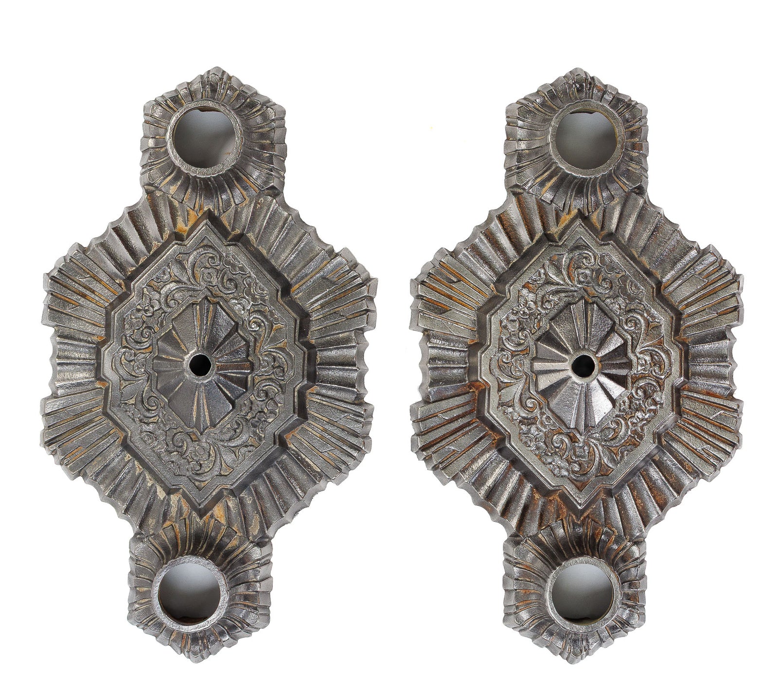 <center> 1920s ART DECO <br><i> Pair of Antique Lighting Light Fixtures </i><br> Original Cast Iron <br> RARE ' Starburst ' Matching SET <p> circa 1920 - 1930 </center>