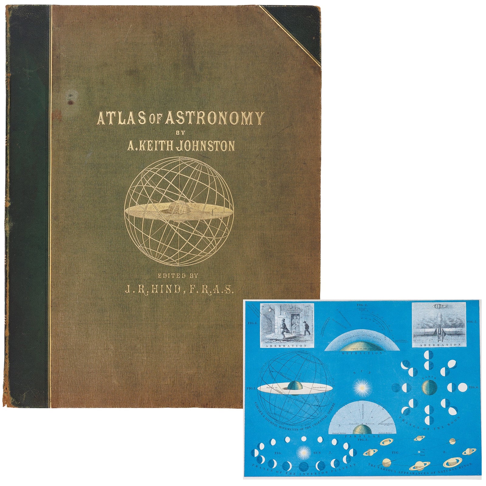 Johnston & Hind, Atlas of Astronomy, Blackwood 1855, first edition — front cover with colour plate: olive cloth boards, gilt armillary sphere vignette, teal leather spine; colour plate showing planetary phases, Saturn, aberration diagrams on blue ground