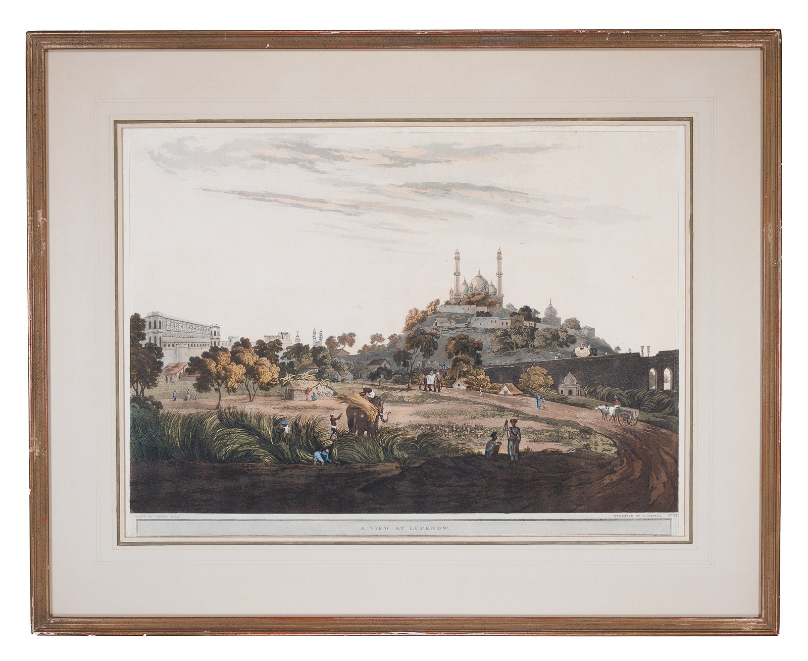 <center> Daniel Havell after Henry Salt <br><i> A VIEW AT LUCKNOW India </i><br> Hand Coloured Aquatint <p> William Miller 1809 </center>
