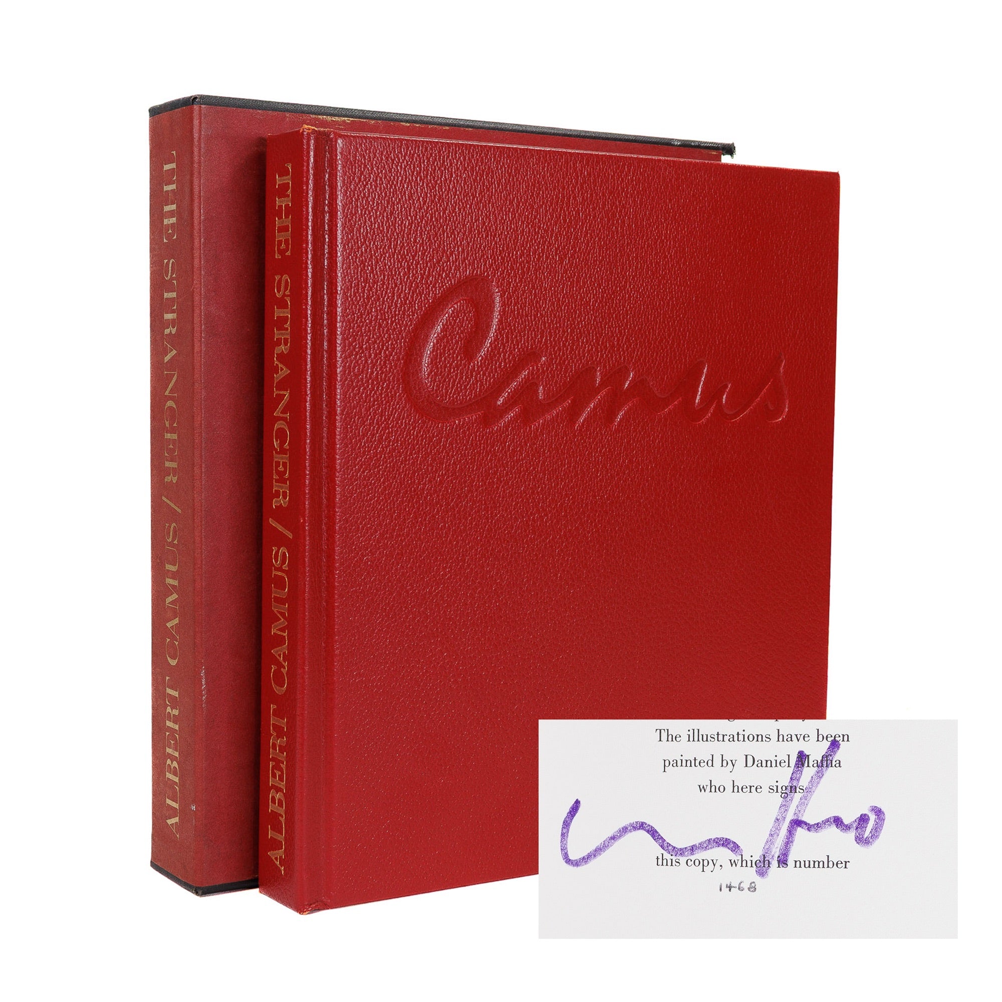 <center> Albert Camus <br><i> THE STRANGER </i><br> #1468 of 1500 <br><i> Signed Limited Edition Club LEC </i><br> FULL LEATHER in SLIPCASE <br><i> Signed by Artist Daniel Maffia </i><p> 1971 </center>