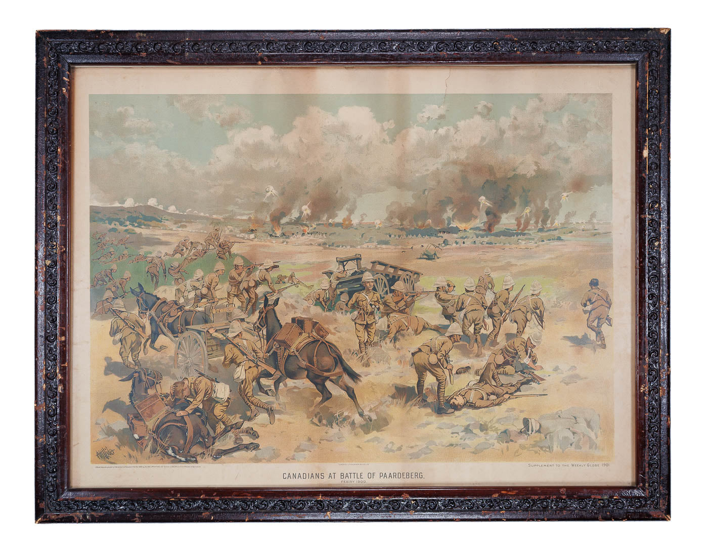 <center> A.H. Hider <br><i> CANADIANS AT BATTLE OF PAARDEBERG </i><br> Rare Chromolithograph <br><i> BOER WAR </i><p> 1900 </center>