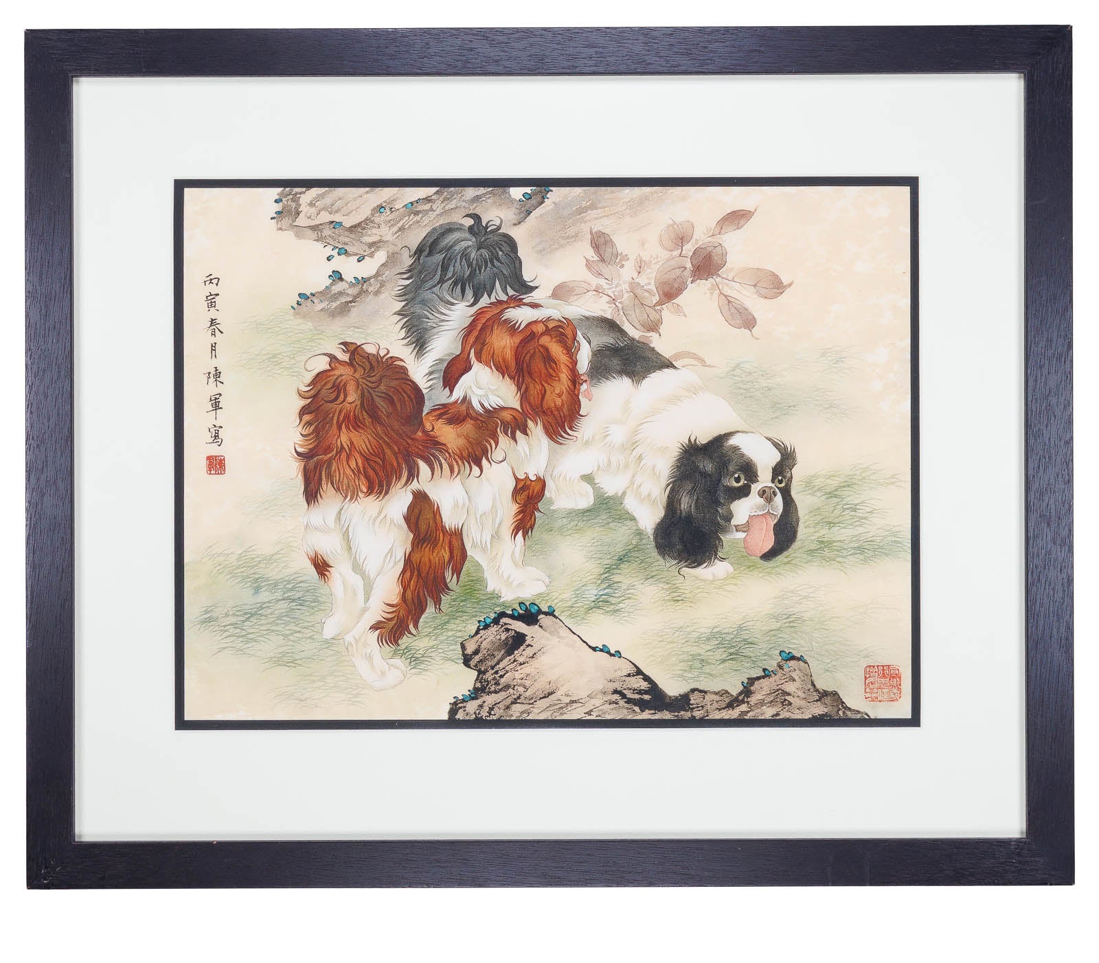 <center> Chen Jun <br><i> Pair of Spaniel Dogs Playing </i> Large Chinese Fine Watercolour <p> 1986 </center>