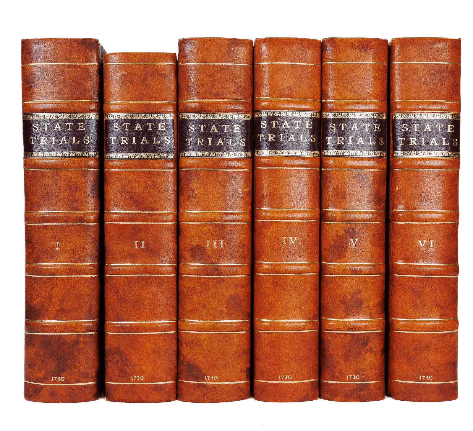 <center> Thomas Salmon + Sollom Emlyn <br><i> A Complete Collection of <p> STATE TRIALS and PROCEEDINGS </i><br> MURDER ! PIRACY ! TREASON ! RAPE ! SODEMY ! WITCHCRAFT ! <br><i> 6 Volume Leather Folio Set </i><br> 1730 </center>