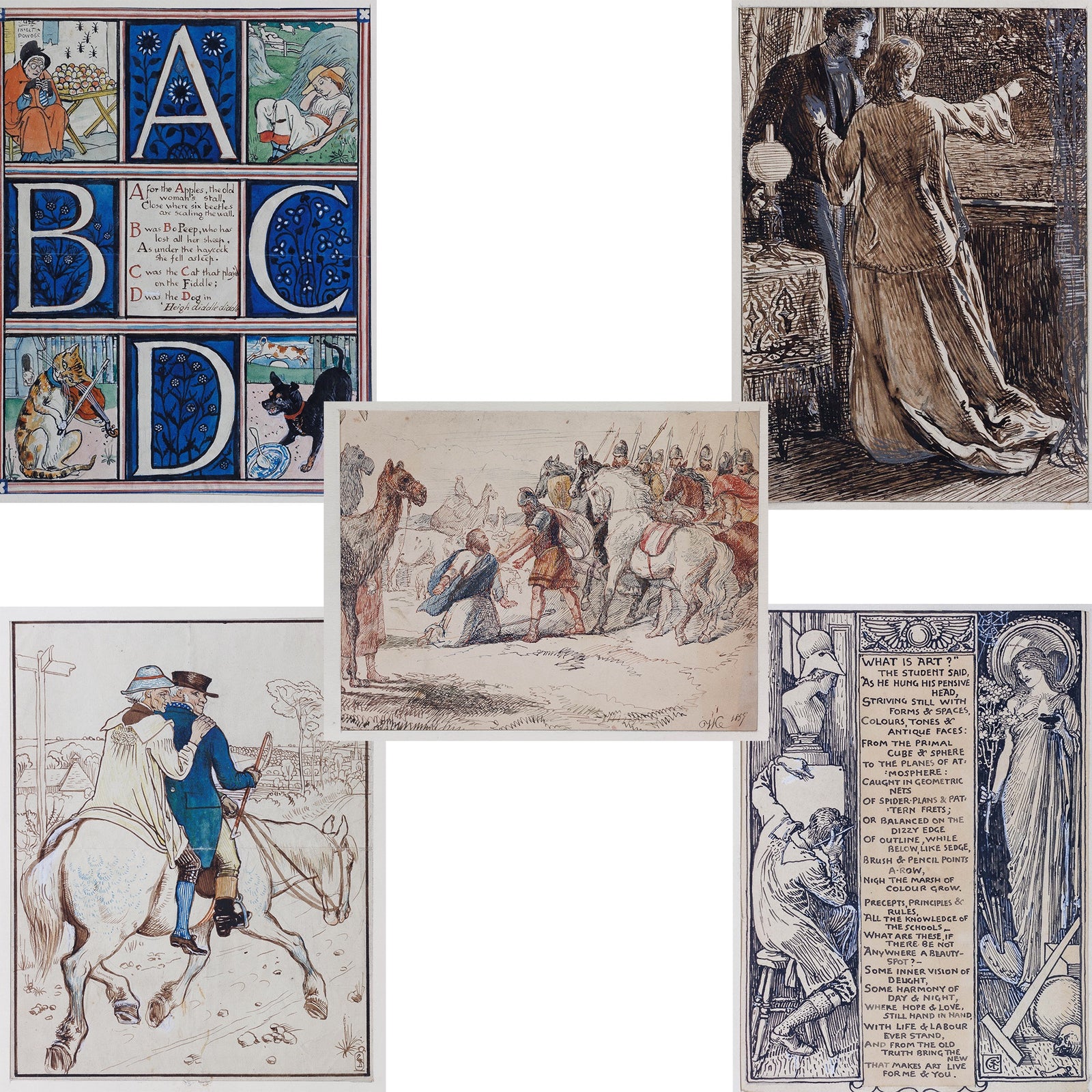 <center> WALTER CRANE <br><i> Collection of 5 Original Works </i><br> 5 x Pen & Ink with Watercolour <p> 1859-1890 </center>