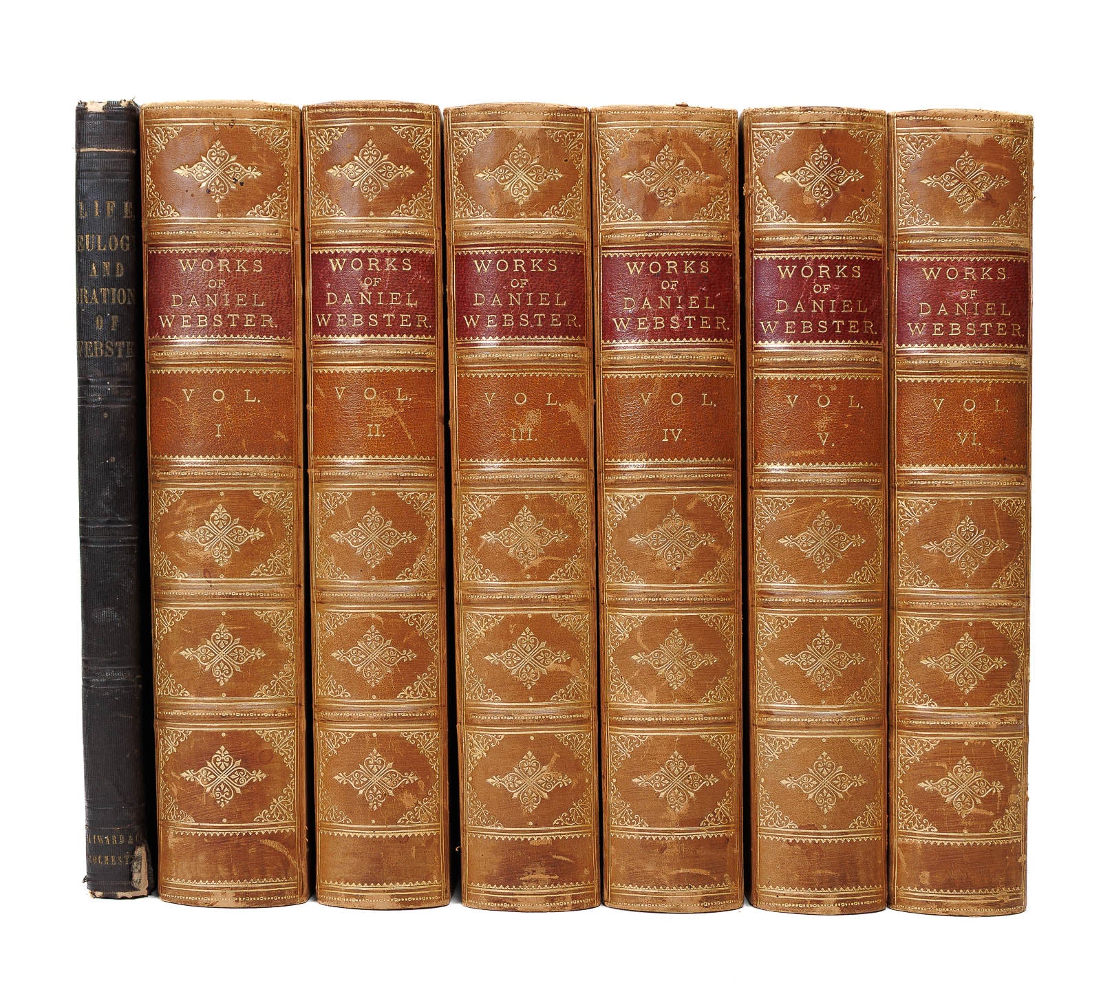<center> DANIEL WEBSTER <br><i> The Works </i><br> 6 LEATHER FINE BINDINGS SET <br><i> with Life, Eulogy, and Great Orations </i><p> 1853 + 1885 </center>