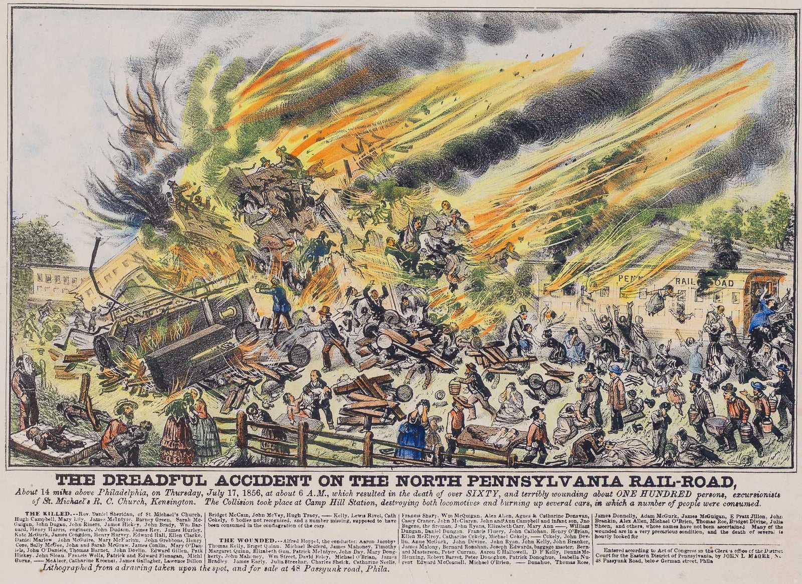 <center> John Magee <br><i> DREADFUL ACCIDENT ON THE </i><br> NORTH PENNSYLVANIA RAIL-ROAD </i><br><i> Great Train Wreck of 1856 </i><p> RARE 1856 Lithograph with Hand Coloring </center>