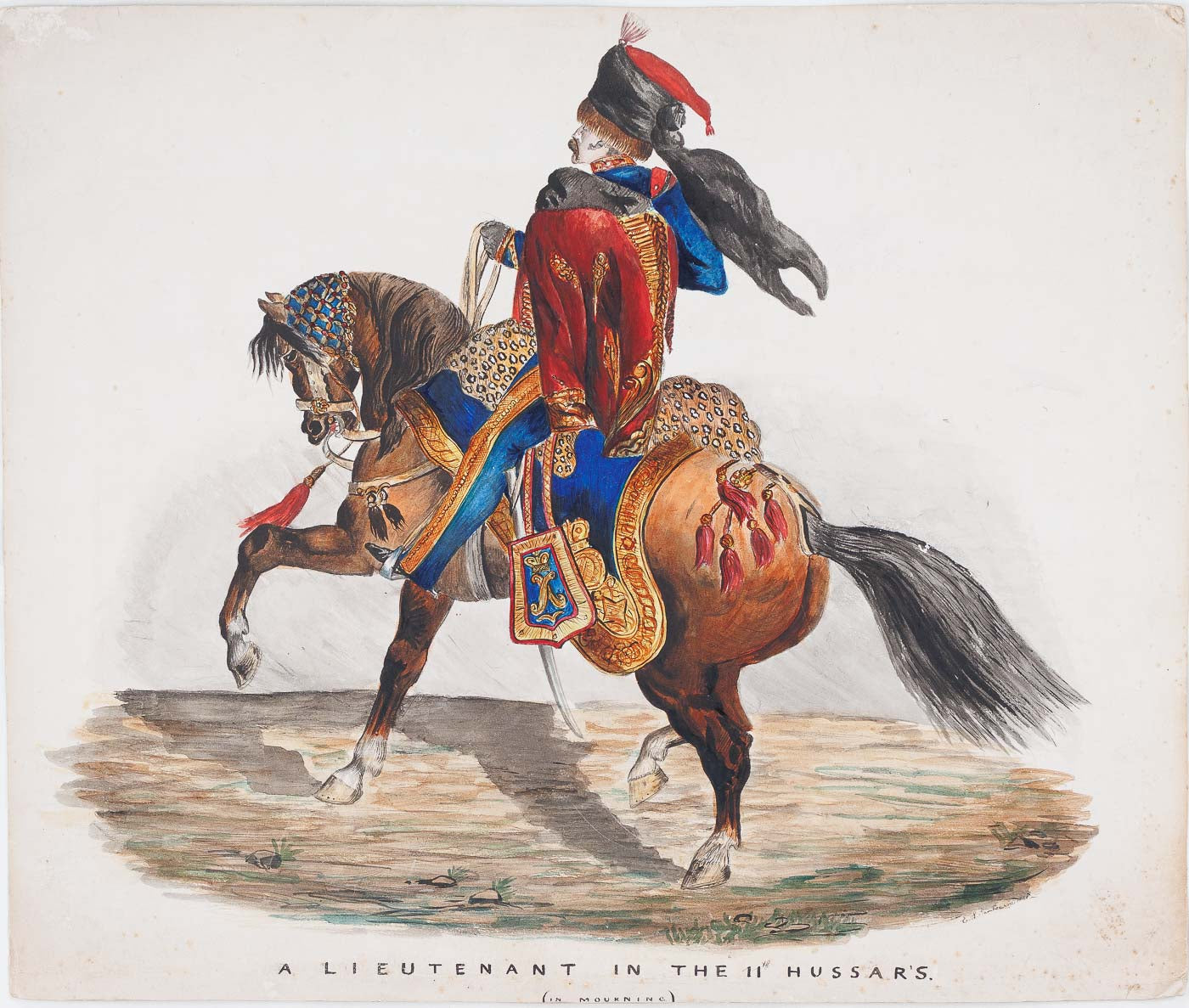<center> Edward Linley Sambourne <br><i> ' A Lieutenant in the 11th Hussars ' </i><br> Large ORIGINAL ILLUSTRATION <br><i> Pen & Ink + Watercolour </i><p> 1868 </center>