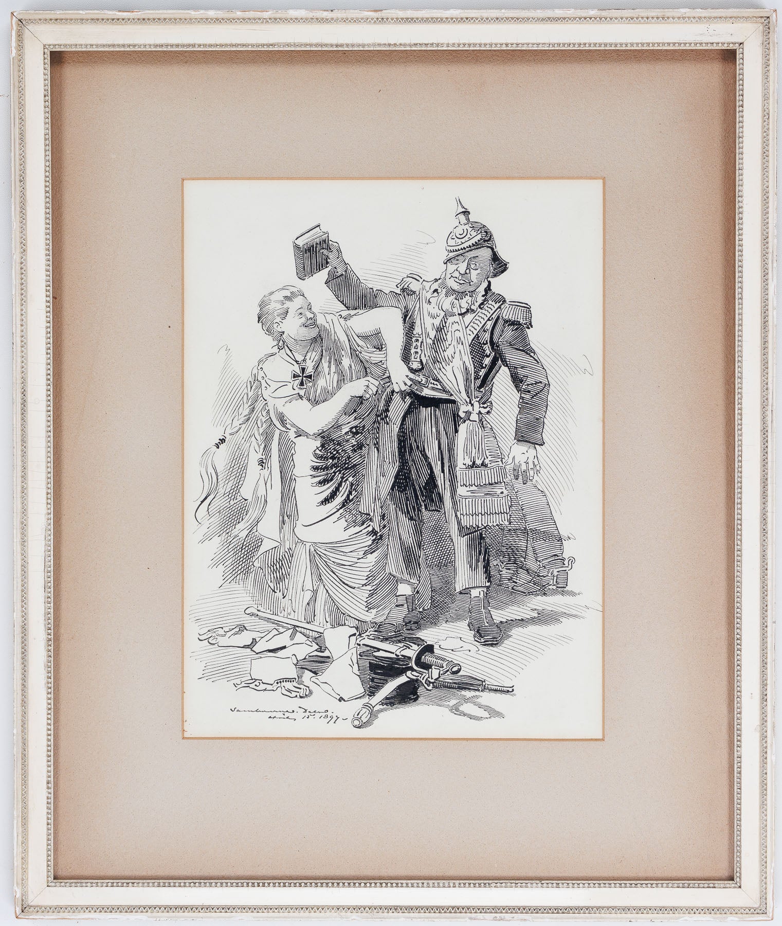 <center> Edward Linley Sambourne <br><i> Original Pen & Ink </i><br> Appearing in PUNCH Magazine 1897 and 1914 <p> ' GERMANIA ARMING KRUGER ' </center>