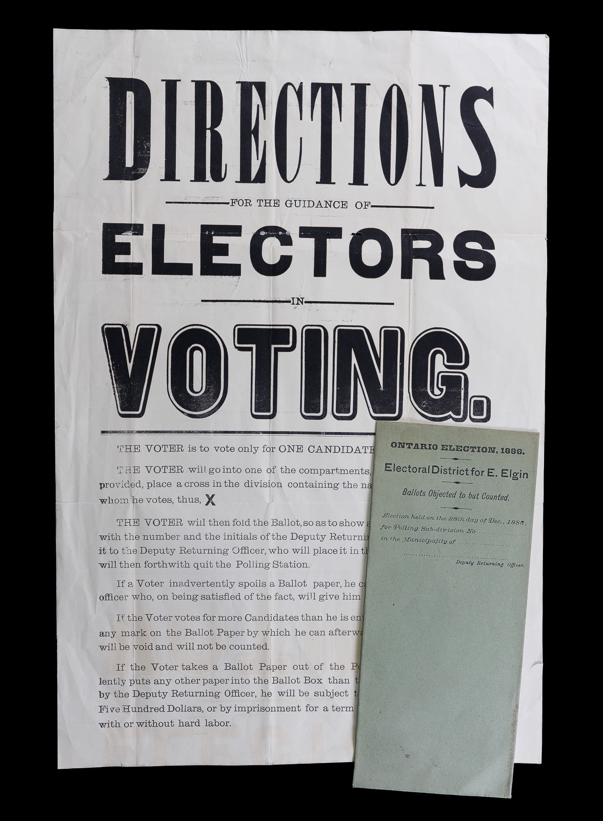 <center> 1886 <br><i> Directions for </i><br> ELECTORS in VOTING <br><i> Rare Victorian BROADSIDE </i><p> with Ontario Canada Voter's Envelope </center>