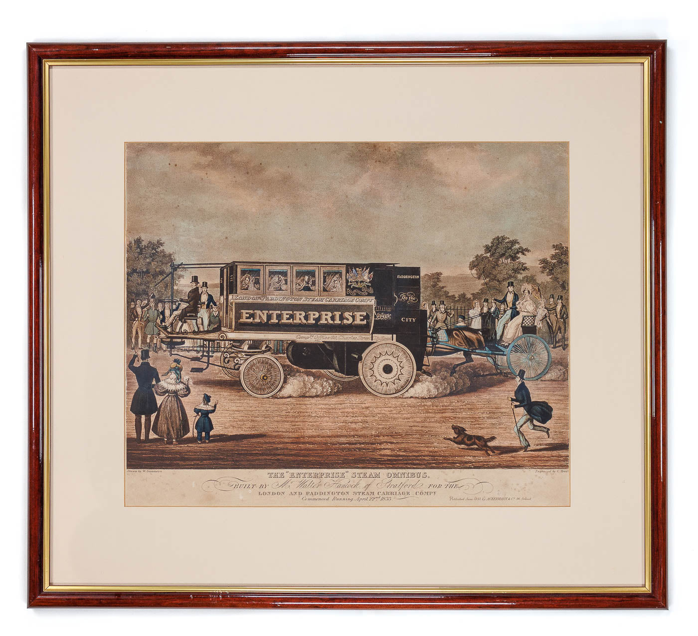 <center> W. Summers & C. Hunt <br><i> ENTERPRISE STEAM OMNIBUS </i><br> Rare Ackermann Hand Colored Engraving  <br><i> LONDON & PADDINGTON STEAM CARRIAGE </i><p> 1833 </center>