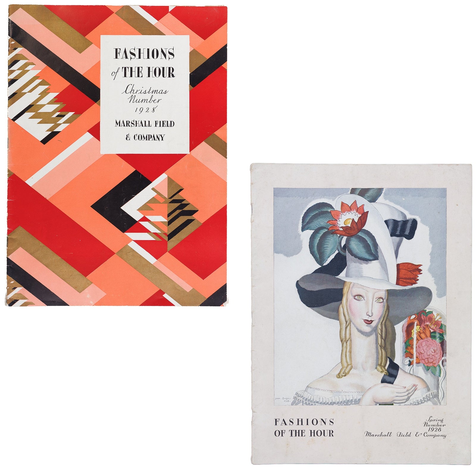 <center> Marshall Field & Company <br><i> FASHIONS OF THE HOUR </i><br> 2 x Original Catalogs <br><i> Spring + Christmas Number </i><br> ART DECO <p> 1928 </center>