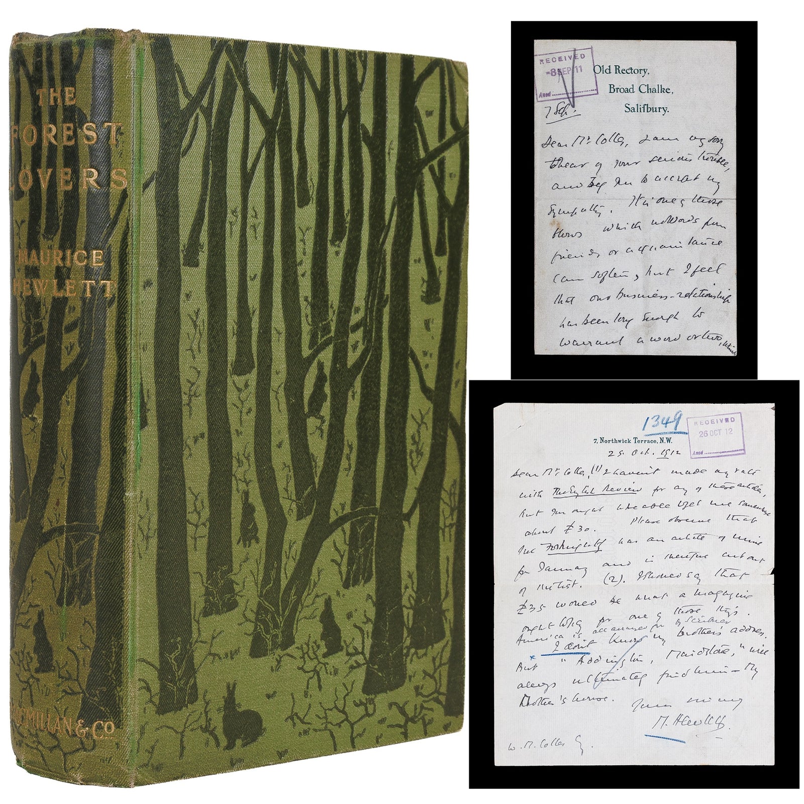 <center> Maurice Hewlett <br><i> The Forest Lovers </i><br> First Edition <br><i> with 2 ASL SIGNED LETTERS by Hewlett </i><br> Macmillan <p> 1898 </center>