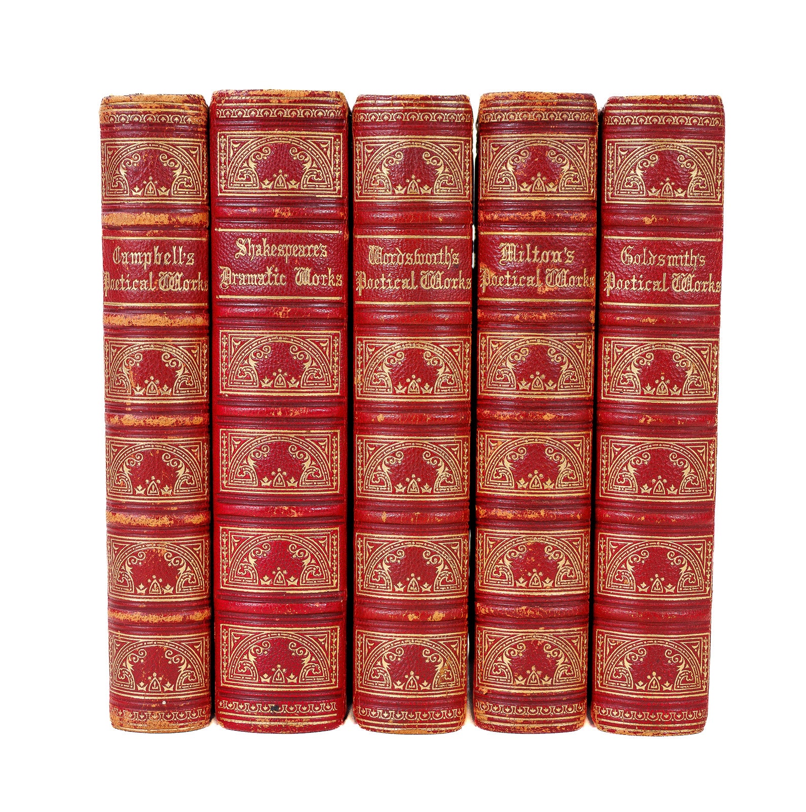 Five Gall & Inglis volumes circa 1860, with gilt red leather spines: Campbell, Shakespeare, Wordsworth, Milton and Goldsmith.