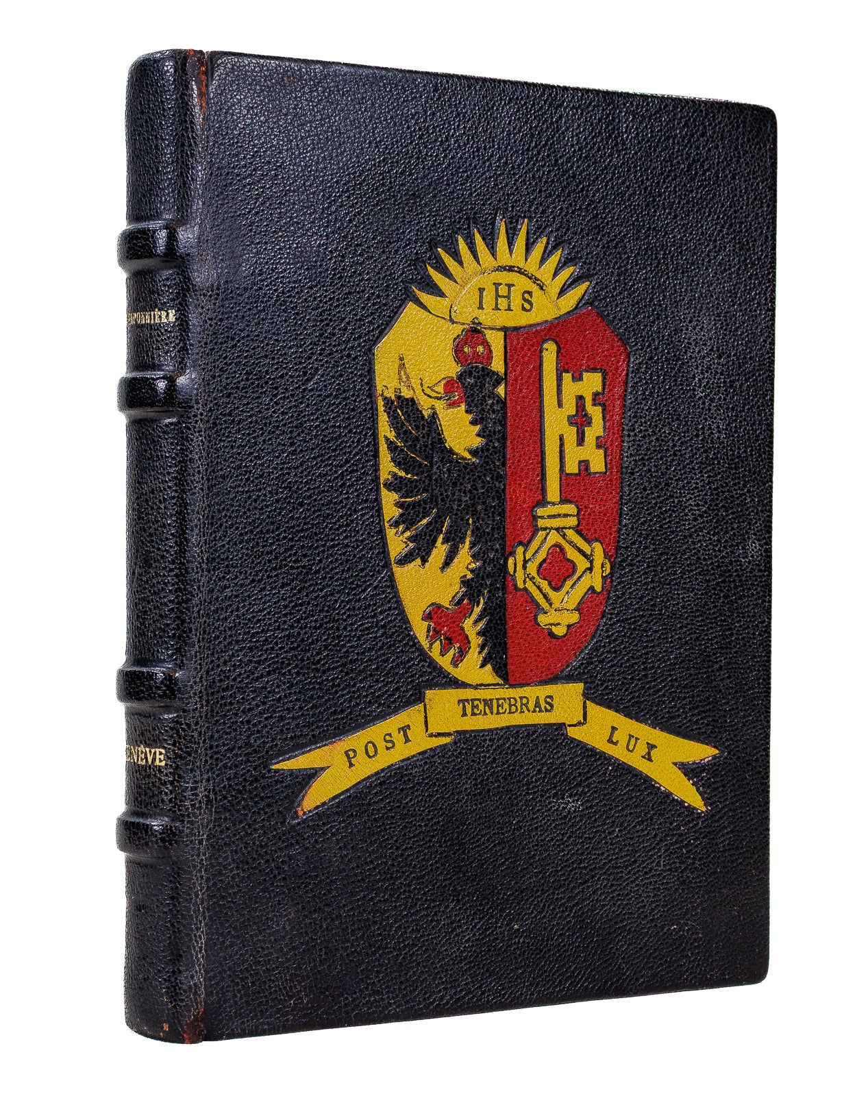Chaponnière, Genève, B. Arthaud 1930 — three-quarter view, full black leather binding with raised bands and Geneva coat of arms colour onlay, gilt spine lettering
