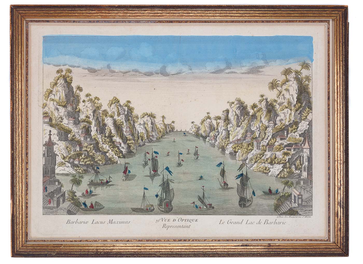 <center> 1760  <br><i>Barbariae Lacus Maximus </i><br> Vue D'Optique <br><i> Le Grand Lac de Barberie </i><p> GILT FRAMED + HANDCOLOURED </center>