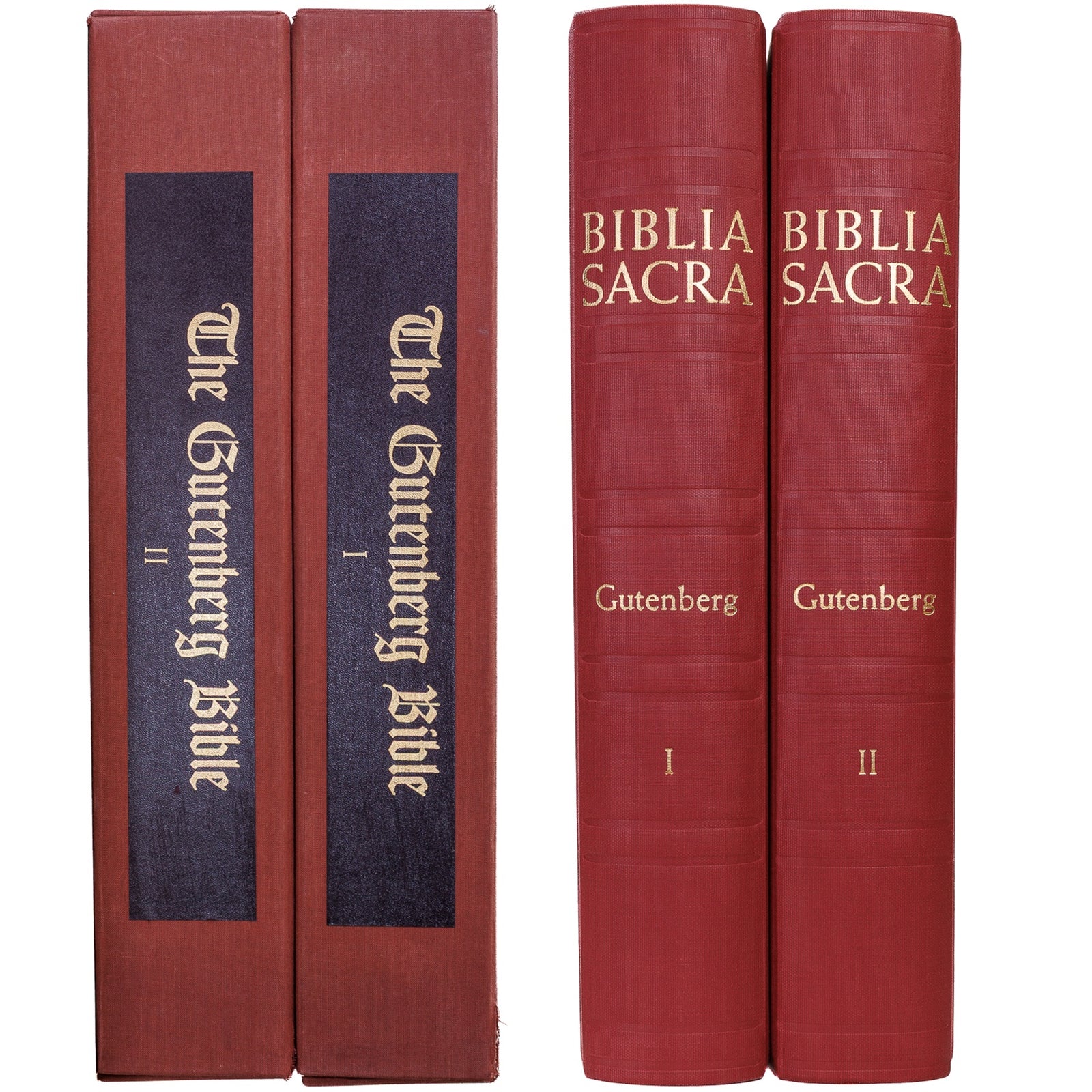 1961 Pageant Books Gutenberg Bible facsimile, two red Biblia Sacra volumes beside their original titled clamshell cases.