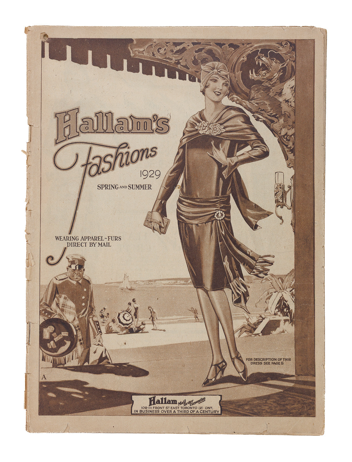 Hallam's Fashions Spring and Summer 1929 — front cover, sepia Art Deco illustration of woman in cloche hat and silk dress on promenade, Hallam Mail Order Corporation Toronto