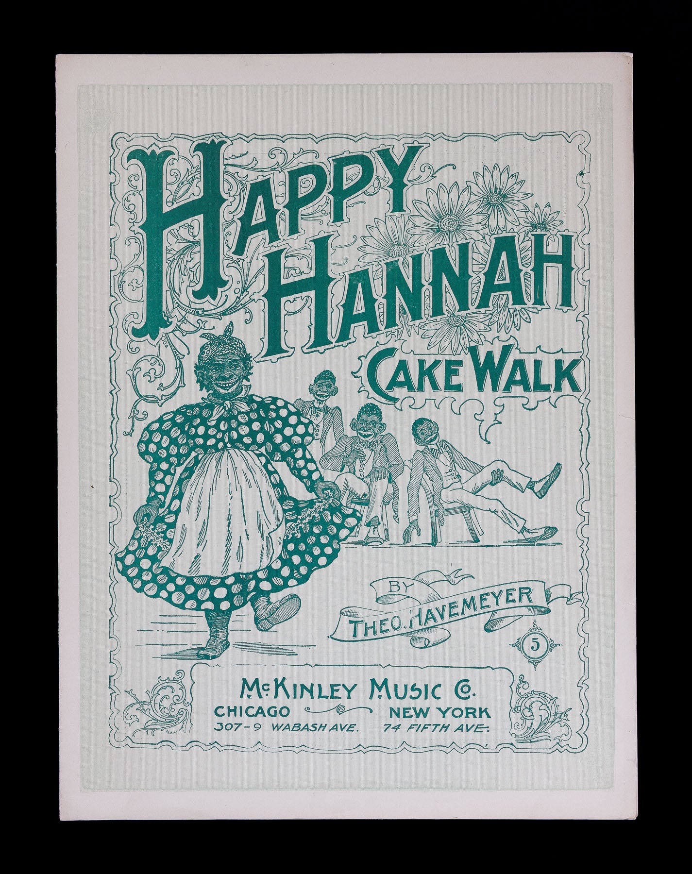 <center> Theo. Havemeyer <p> HAPPY HANNAH <br><i> Cake Walk </i><br> Black Americana Original Sheet Music <br><i> McKinley Music Company Chicago </i><br> 1898 </center>