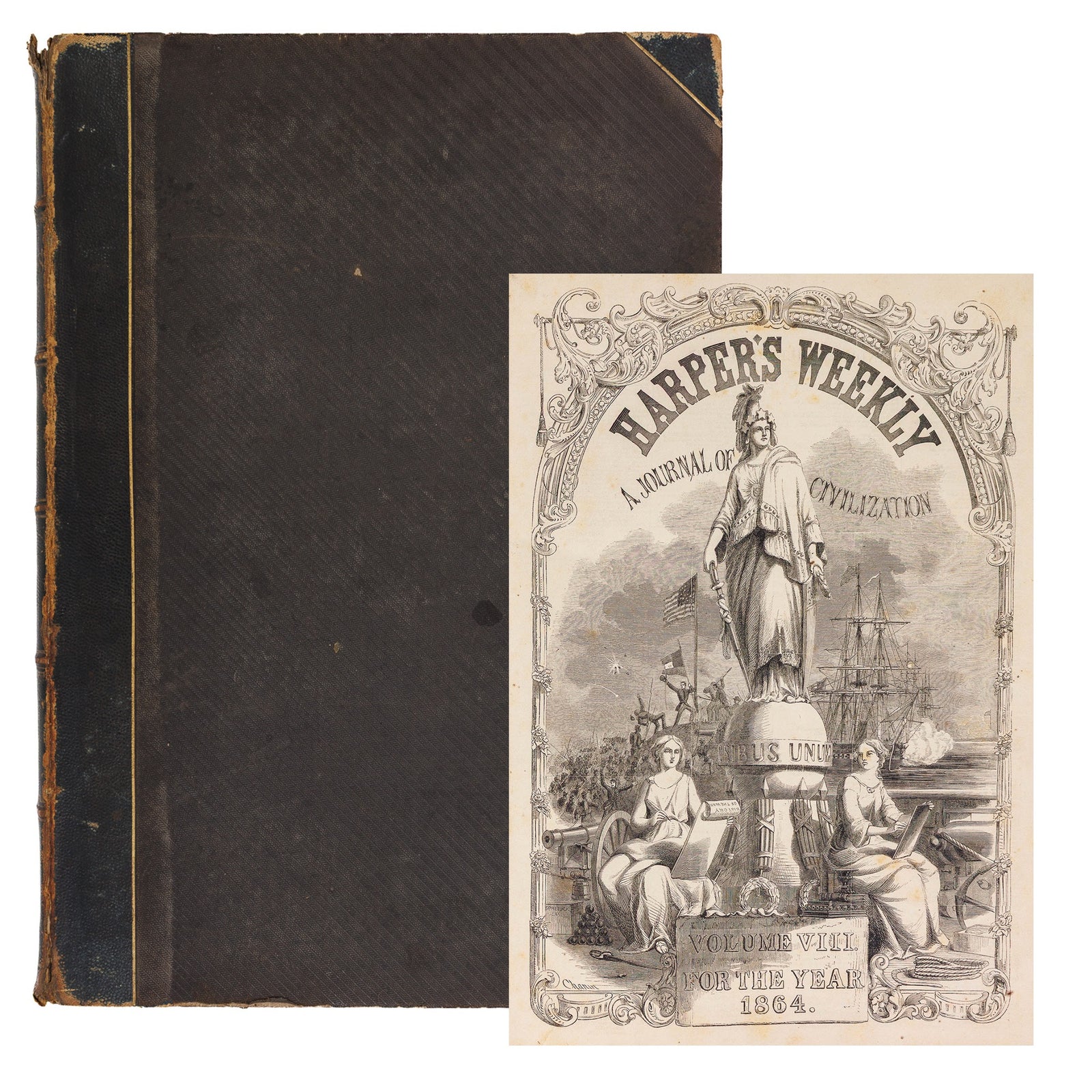 Spine and cover Harper's Weekly 1864 complete year leather folio Civil War Lincoln Custer Black Americana