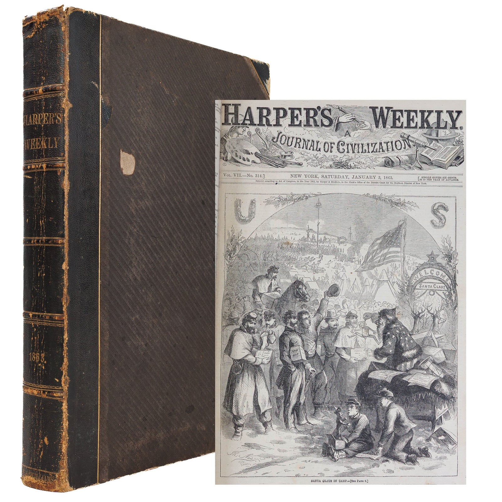 Spine and cover Harper's Weekly 1863 complete year leather folio Civil War Santa Claus Black Americana Indians