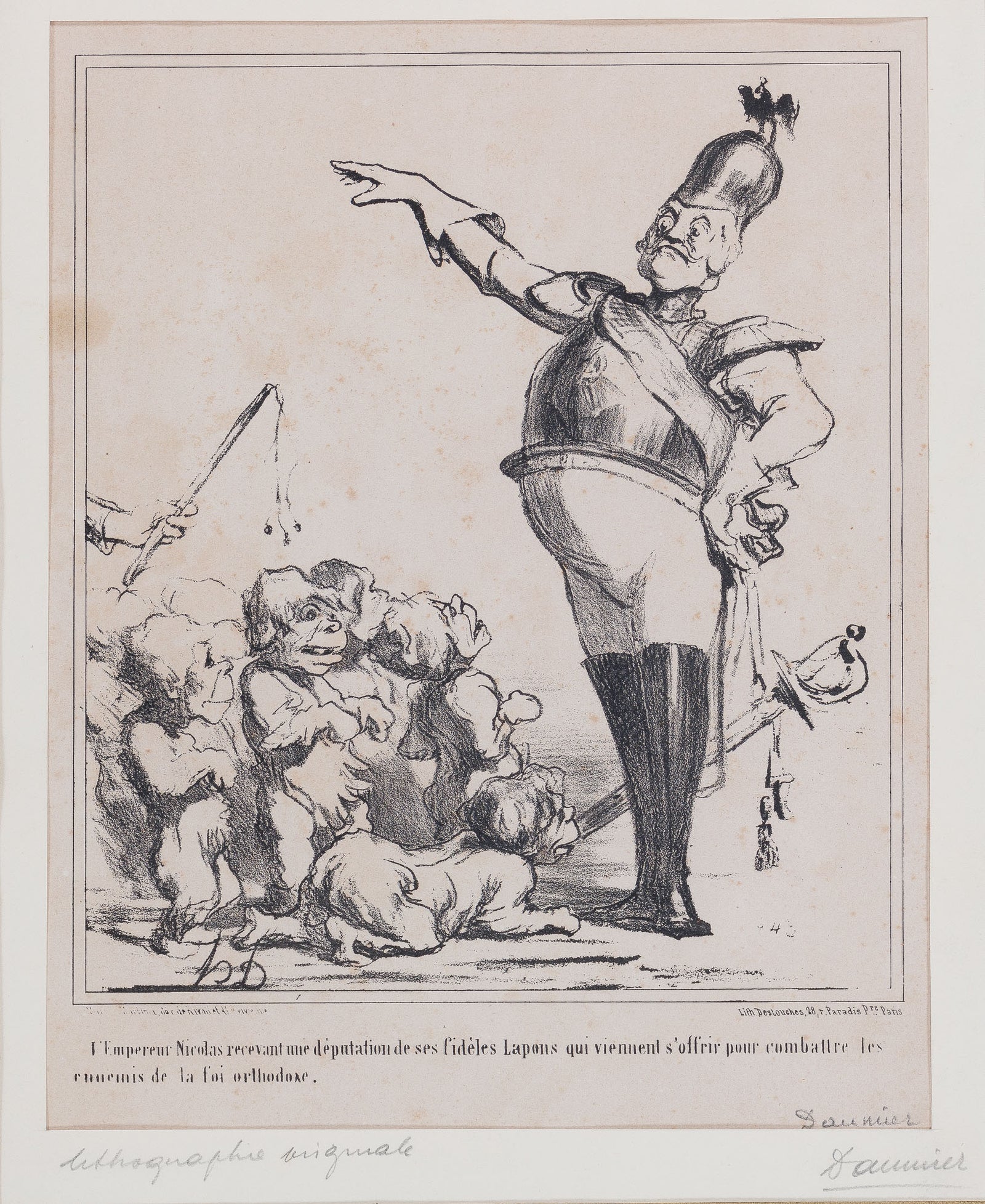 <center> Honore Daumier <br><i> L'Empereur Nicolas </i><br> Original Lithograph from Actualites Series <br><i> Destouches Paris </i><p> 1854 </center>