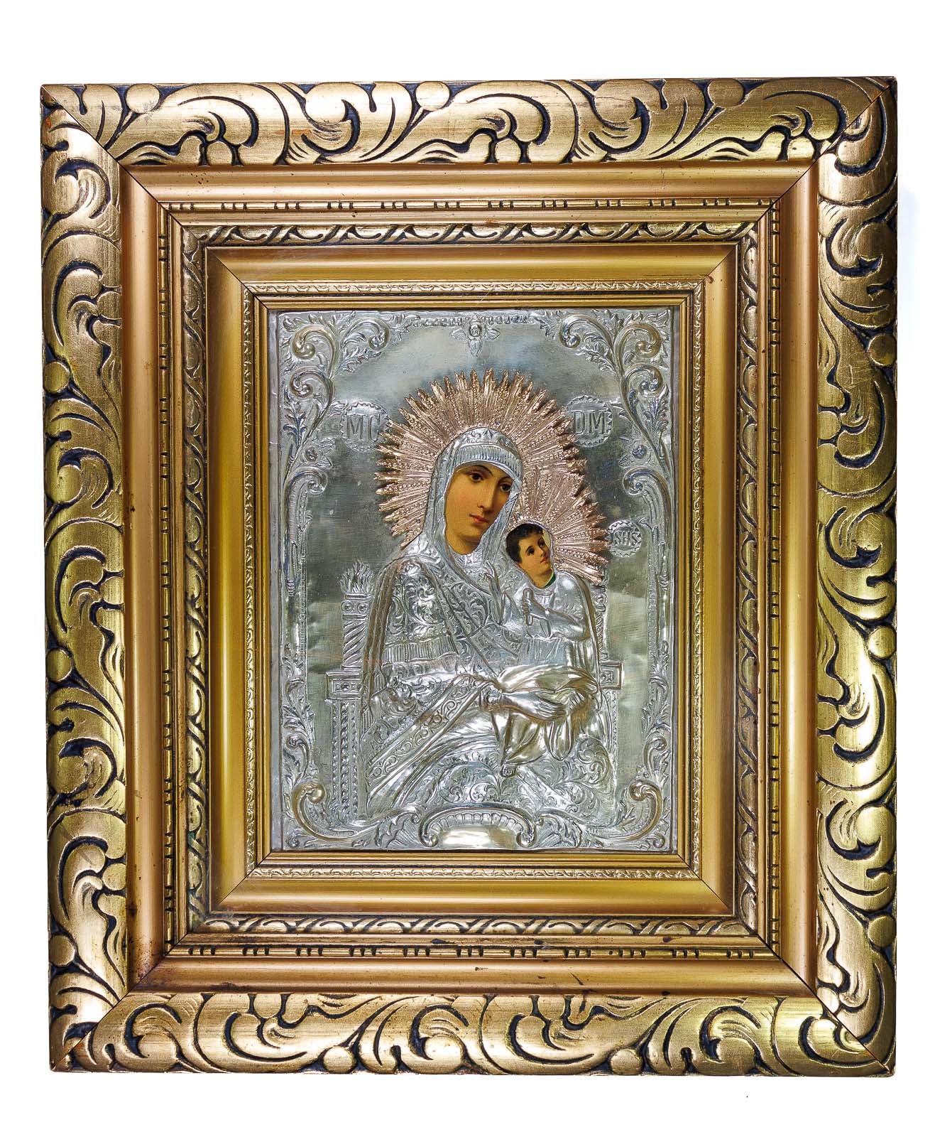 <center> <i> Our Lady of Kazan / Virgin Mary and Jesus </i><br> SILVER RUSSIAN ICON <br><i>Beautiful Displayed in a </i><br> Shadow Box Carved Wood Frame <p> 1890 </center>