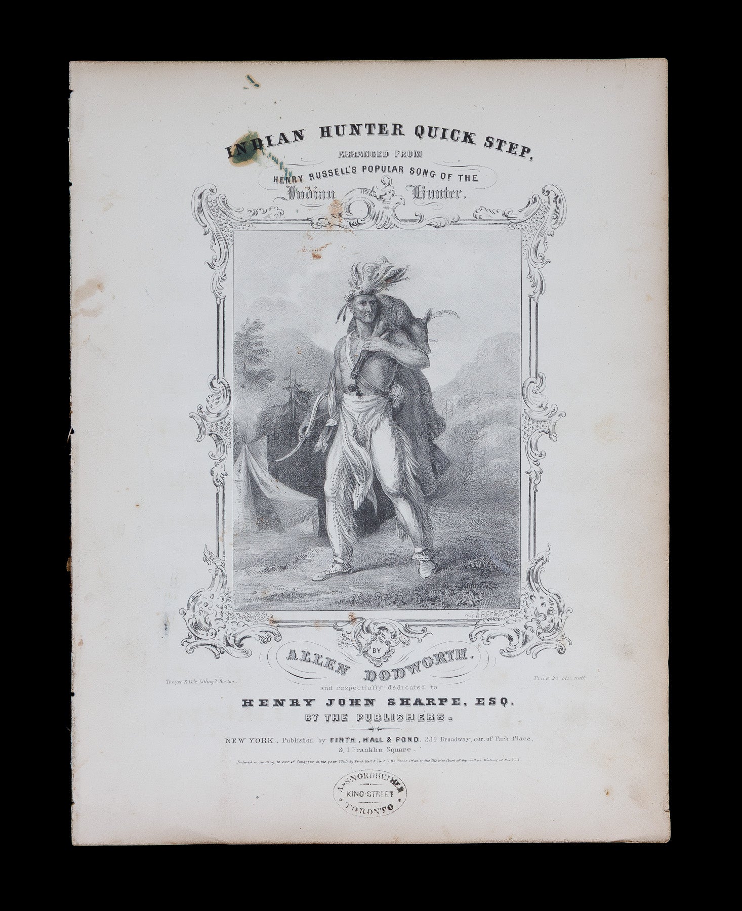 <center> Allen Dodsworth after Henry Russell <br><i> INDIAN HUNTER QUICK STEP </i><br> Rare Native American Indian Sheet Music <p> 1844 </center>