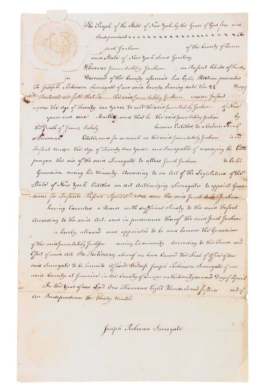 <center> 1815 <br><i> Jamaica , Queens , New York </i><br> Original Hand Inked Document <p> Robinson + Oakley </center>