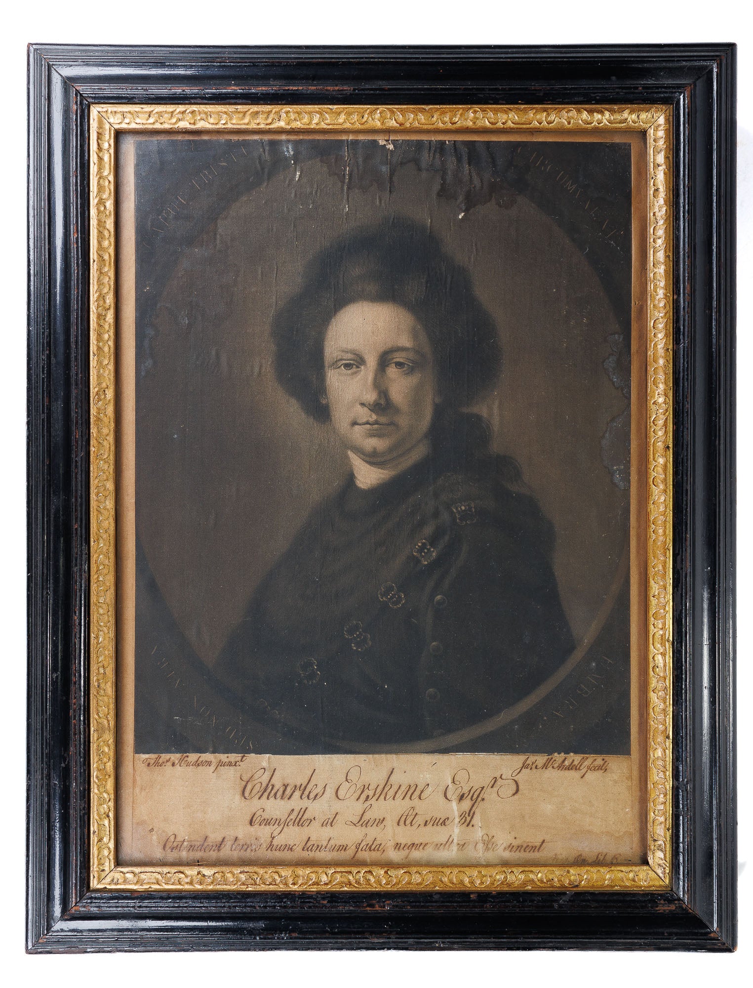<center> James McArdell after Thomas Hudson <br><i> Charles Erskine Esquire </i><br> Rare Mezzotint in Original Frame <p> 1760 </center>