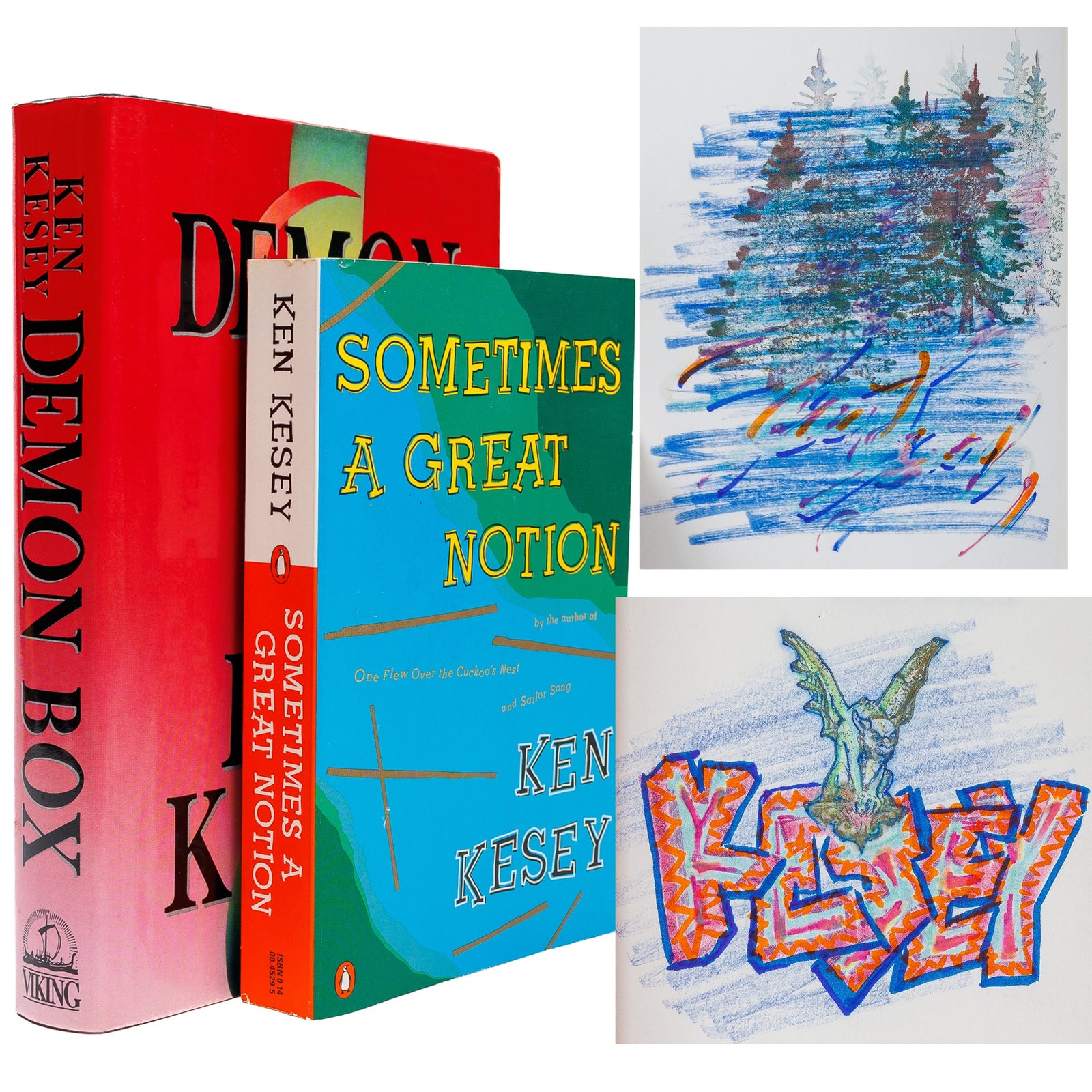 Ken Kesey Demon Box & Sometimes A Great Notion — signed with original art, Viking 1986 & Penguin 1988, group view