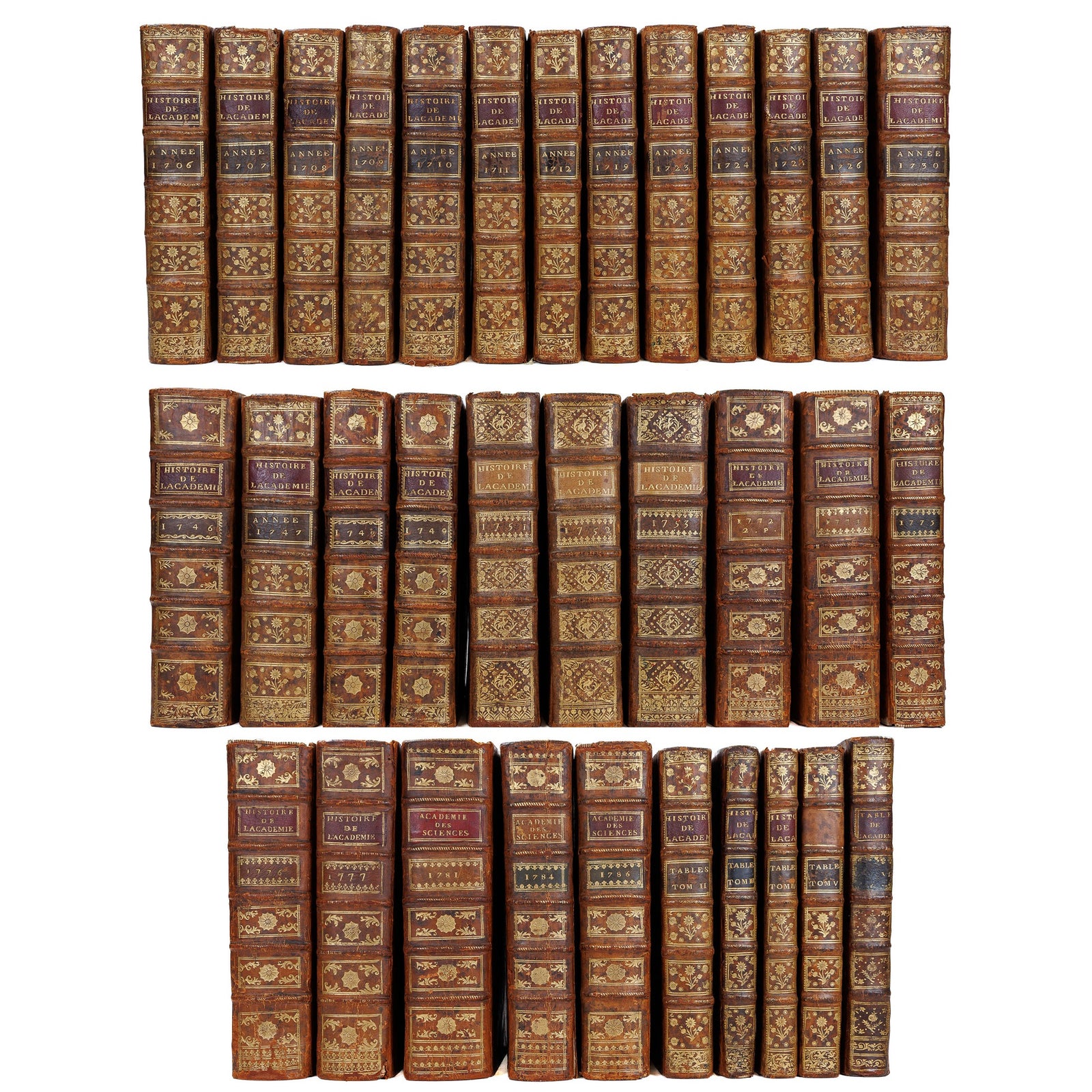 All spines set Histoire de l'Académie Royale des Sciences 1706-1786 33 volumes fine calf leather Paris l'Imprimerie Royale