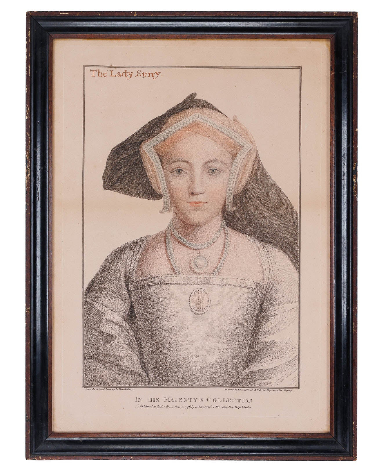 <center> Francesco Bartolozzi after Hans Holbein <br><i> LADY SURREY </i><br> Stipple Engraving <p> 1796 </center>