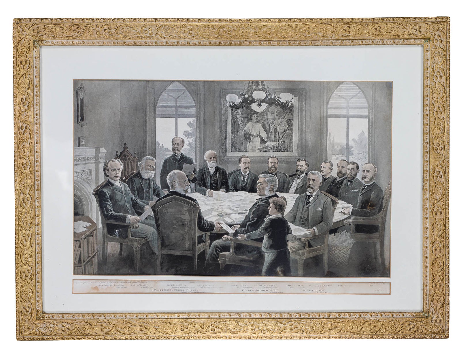 <center> Rare Historical Lithograph <br><i> THE LIBERAL CABINET OF CANADA </i><br> Toronto Lithographing Co. <br><i> Prime Minister Wilfrid Laurier </i><p> 1896 </center>