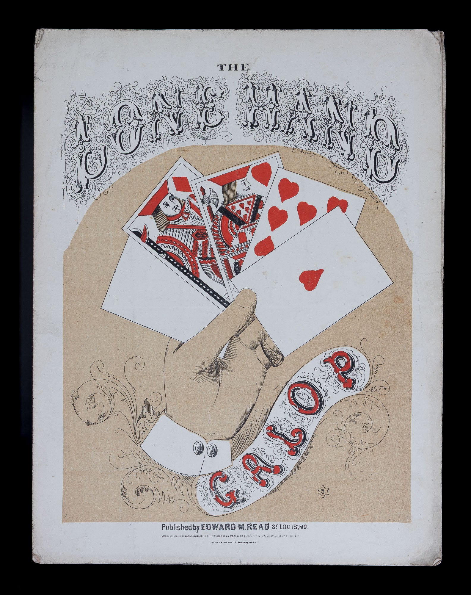<center> Edward M. Read <br><i> THE LONE HAND GALOP </i><br> Rare American Sheet Music <br><i> Gambling Cards Poker </i><p> 1869 </center>