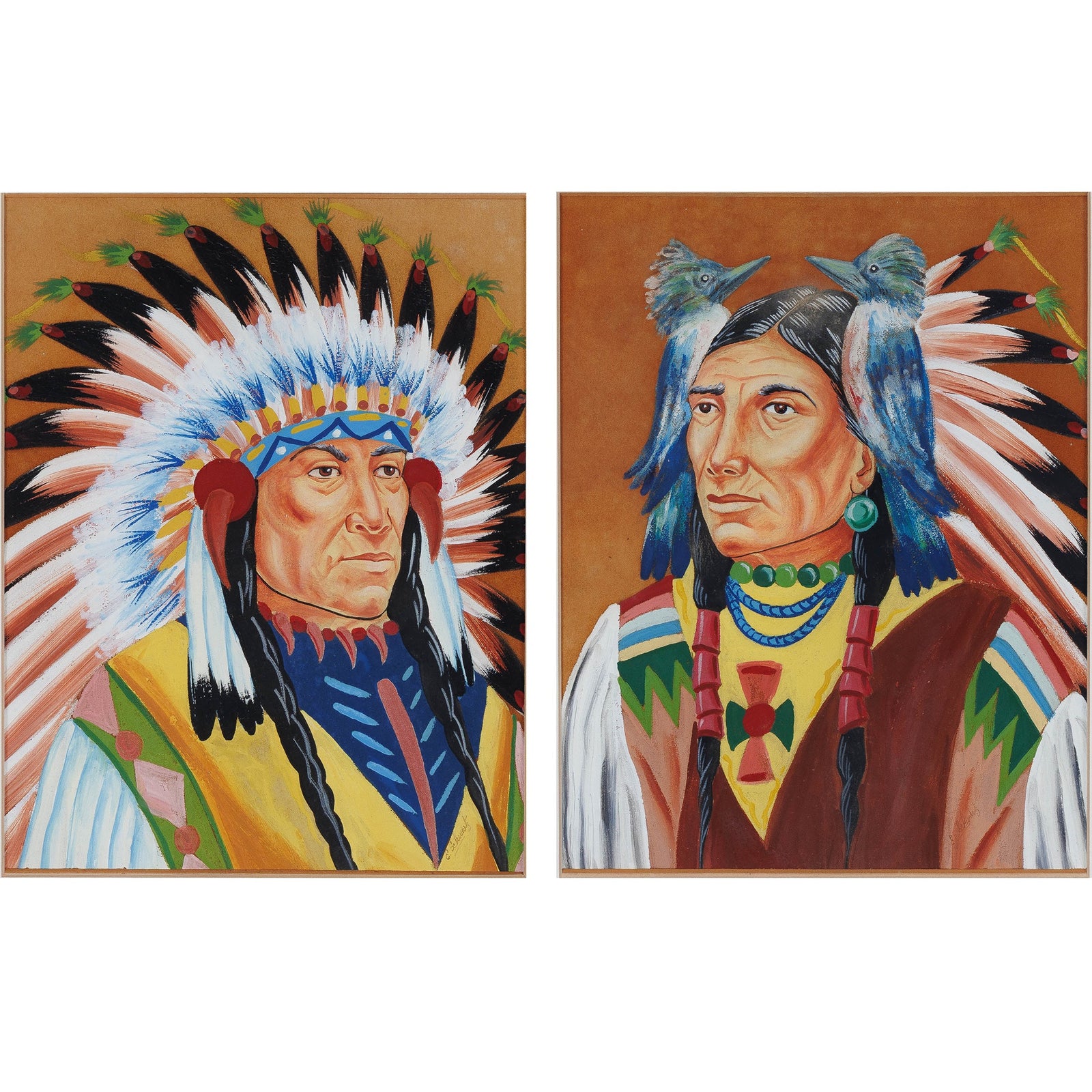 <center> Native American Indian Chiefs <br><i> 2 x Paintings on Leather </i><br> In Matching Period Frames <p> 1940 </center>